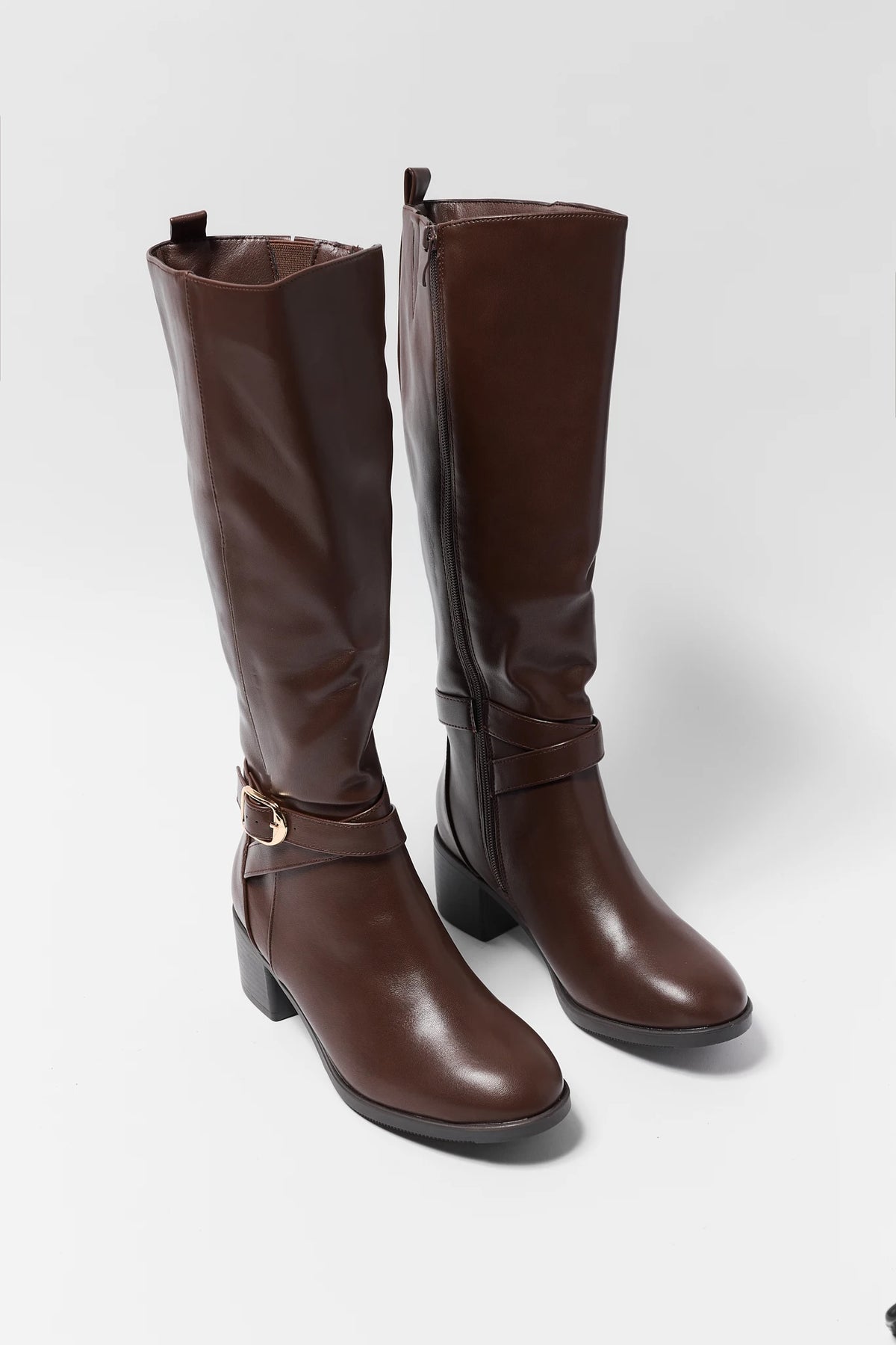 Brown Faux Leather Knee-High Boots - Pair View Showing Side Zip and Block Heel | Avara