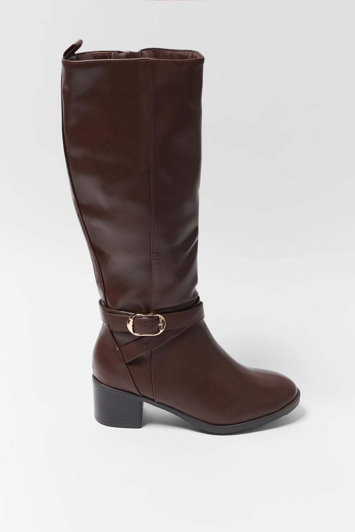 Brown Faux Leather Knee-High Boots - Side View with Gold Buckle Detail | Avara