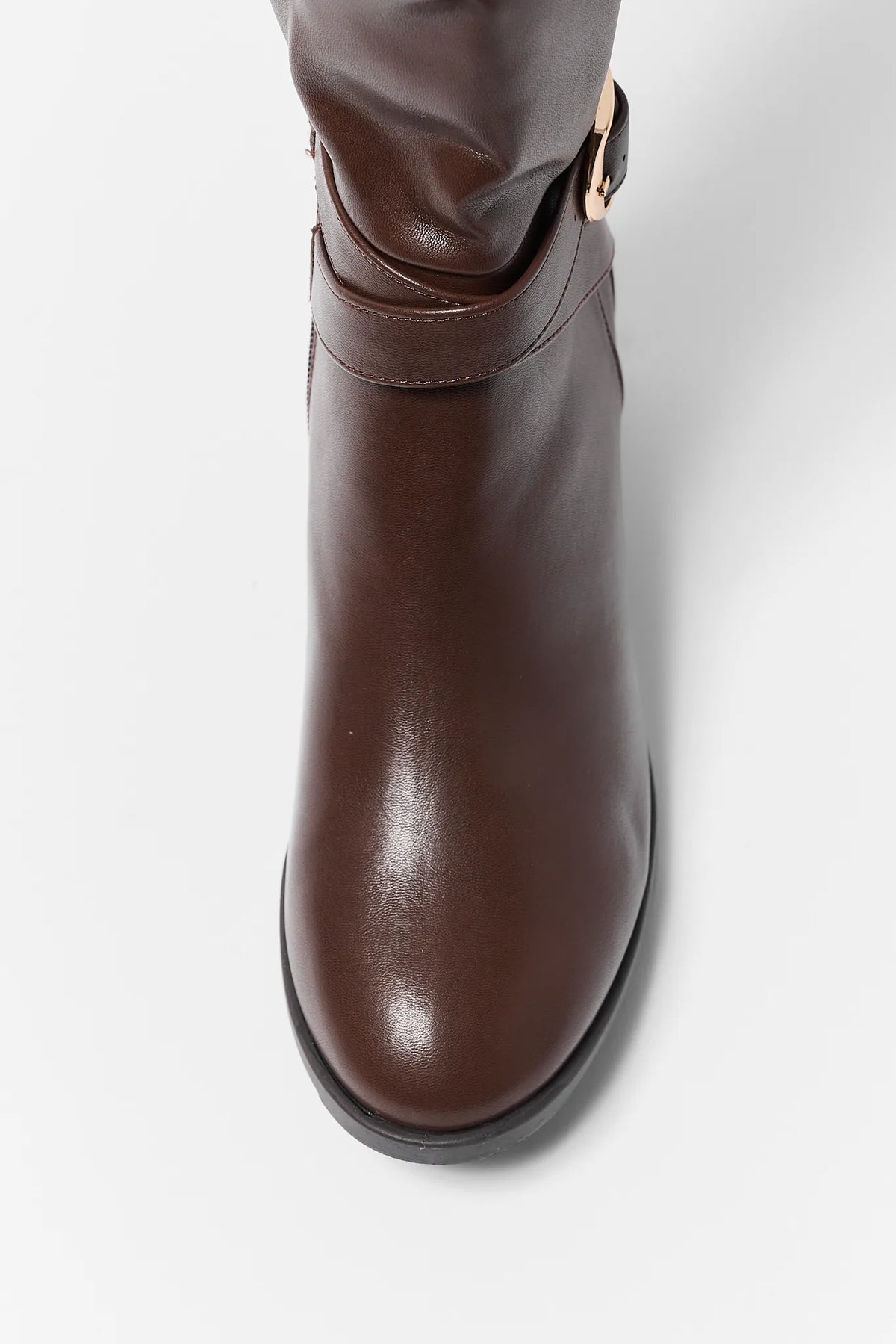 Brown Faux Leather Knee-High Boot - Rounded Toe and Smooth Upper Top-Down View | Avara