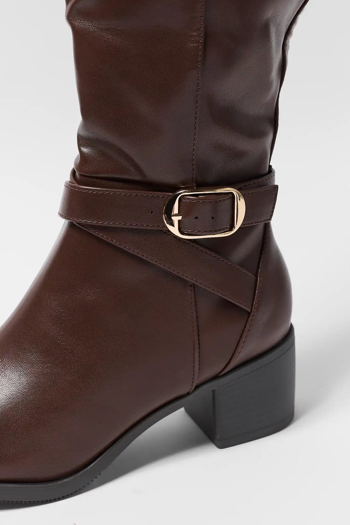 Brown Faux Leather Boot - Gold Buckle Strap Hardware Close-Up Detail | Avara
