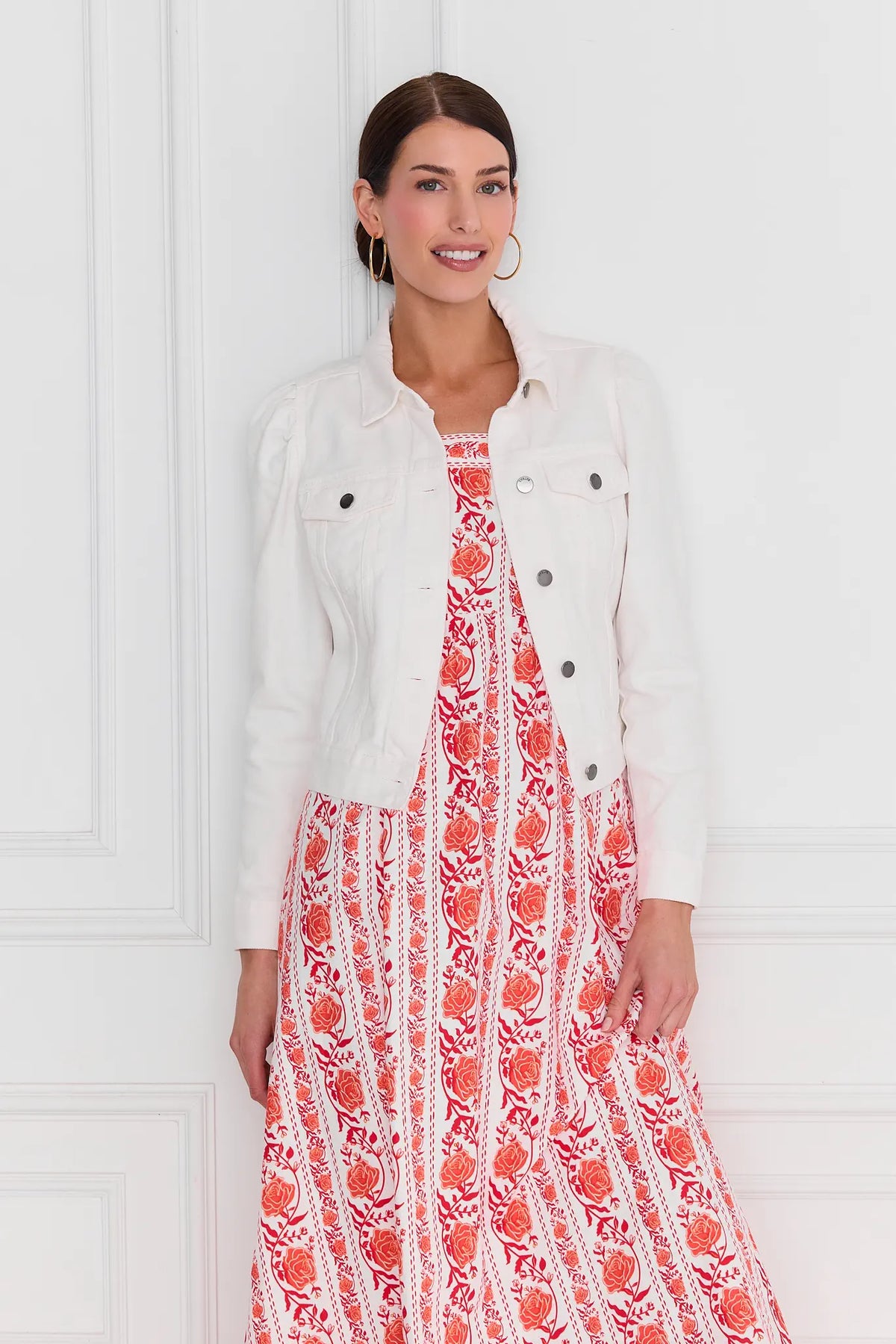 Roxanna White Denim Jacket styled over a red floral maxi dress - Front On-Model | Avara