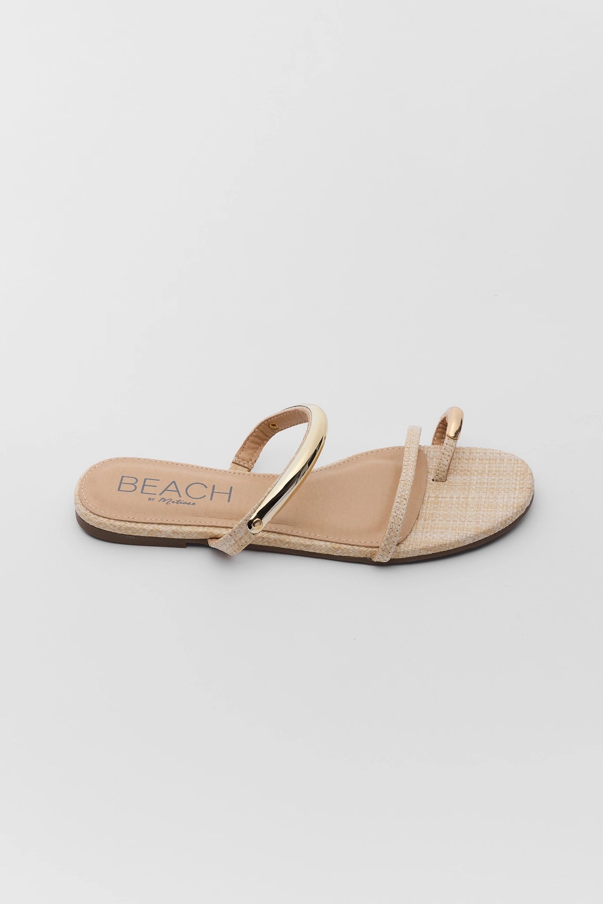 Natural raffia gold detail sandal, single side profile view showing gold bar strap accent | Avara