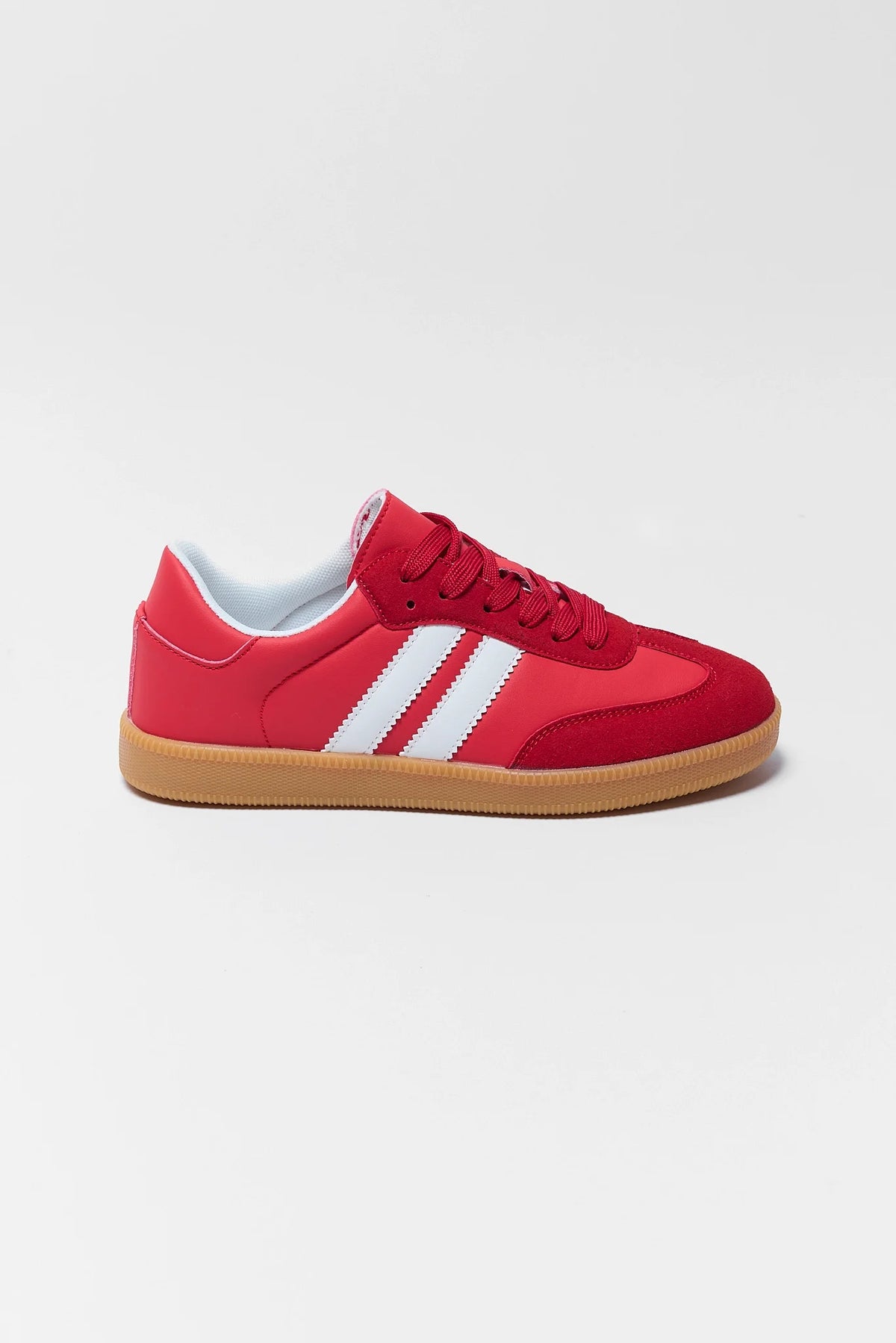 Red Contrast Stripe Sneaker - Side Profile, Faux Leather with Gum Sole | Avara