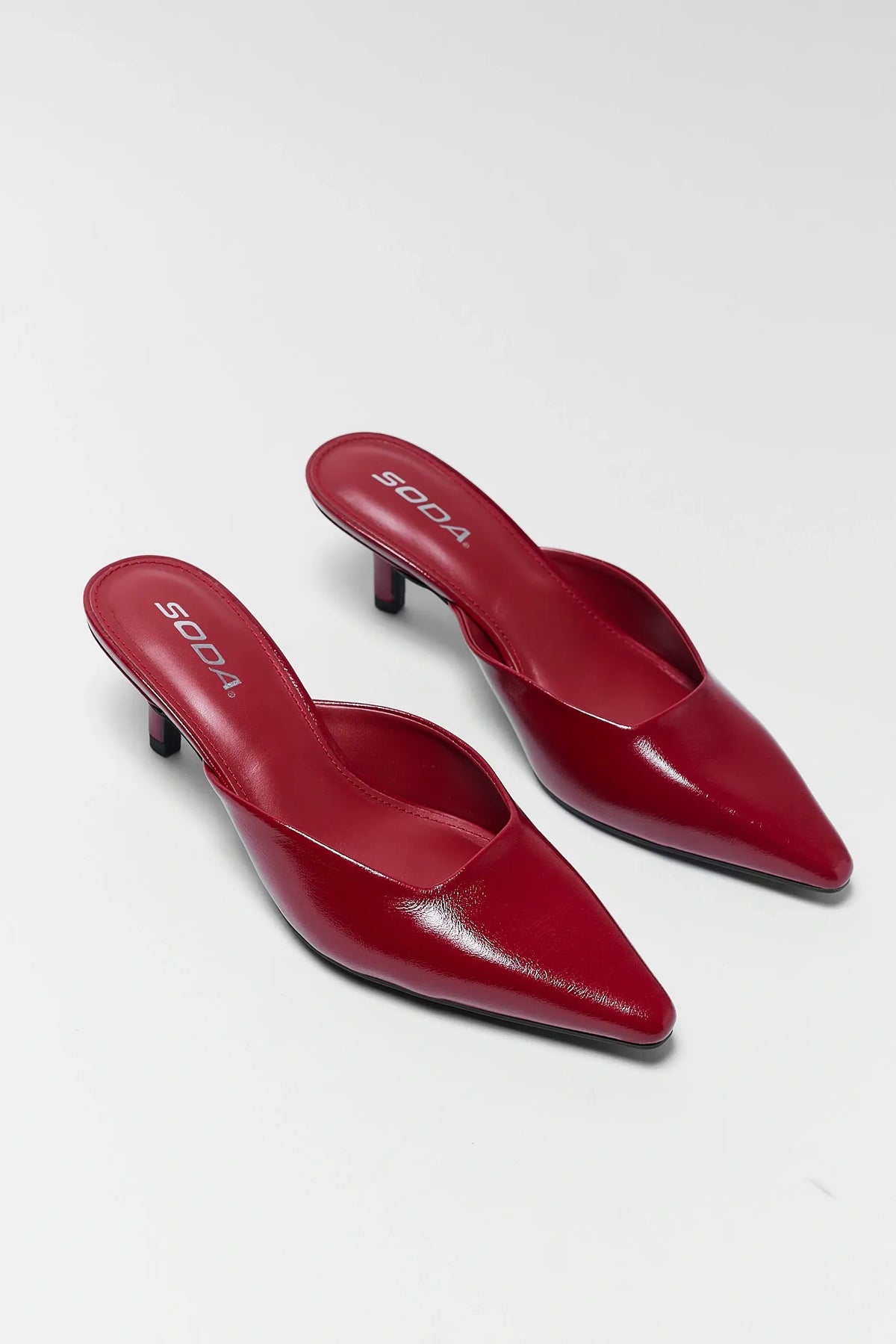 Red Faux Leather Mule Kitten Heel - Angled Pair View | Avara