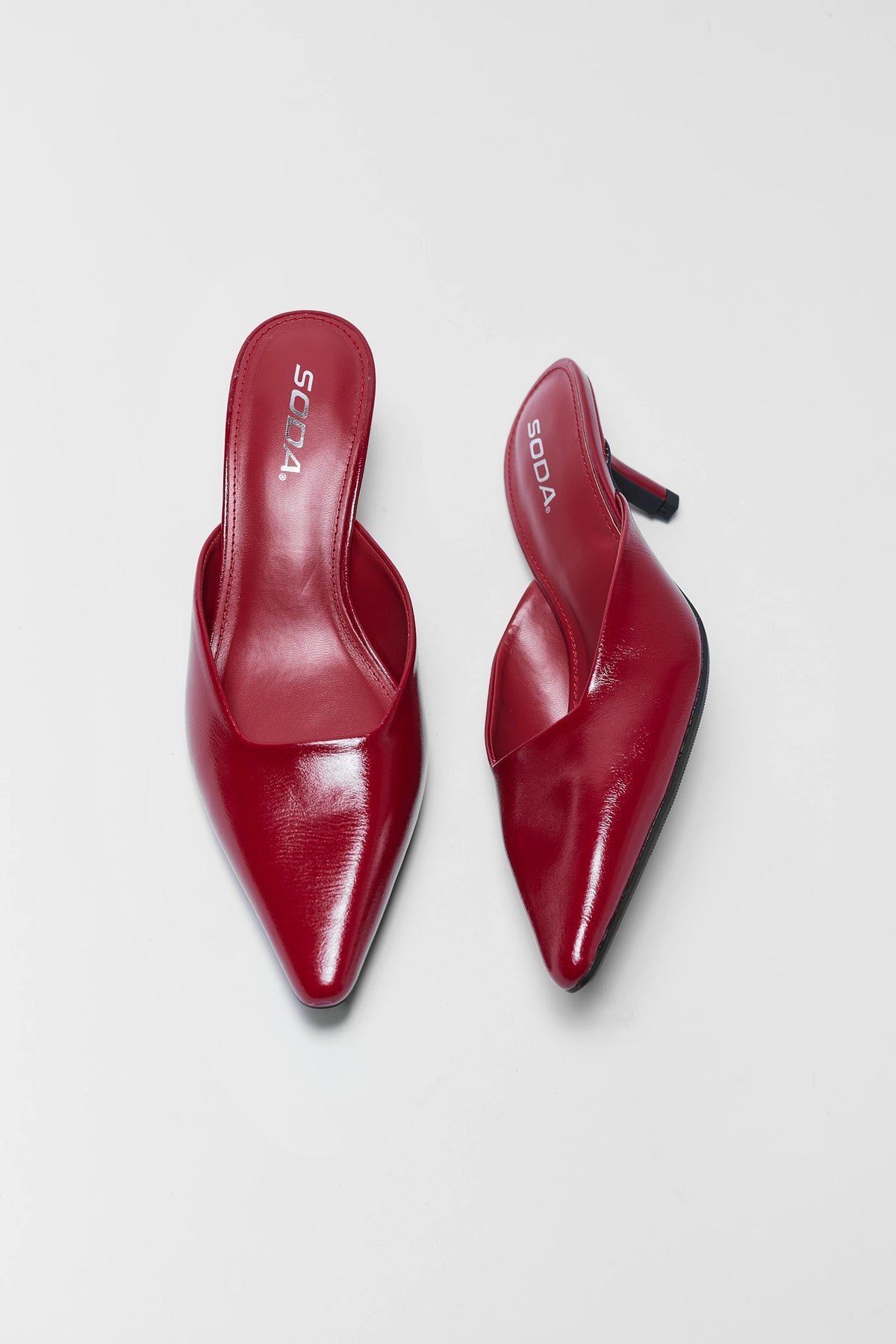Red Faux Leather Mule Kitten Heel - Top View Pair | Avara
