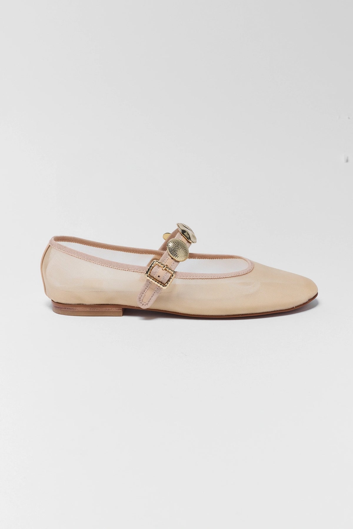 Dolce Vita Relan vanilla mesh ballet flat with gold buckle strap - Side Profile | Avara