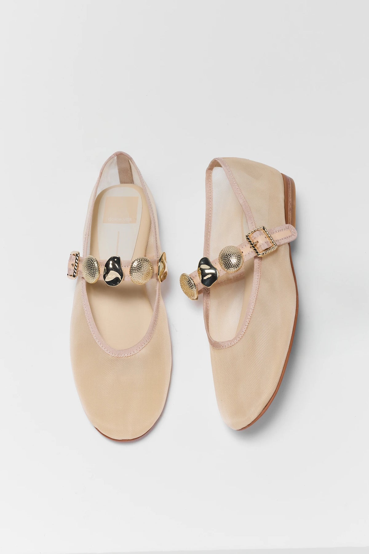 Vanilla mesh mary jane flats with gold embellishments - Top View | Avara