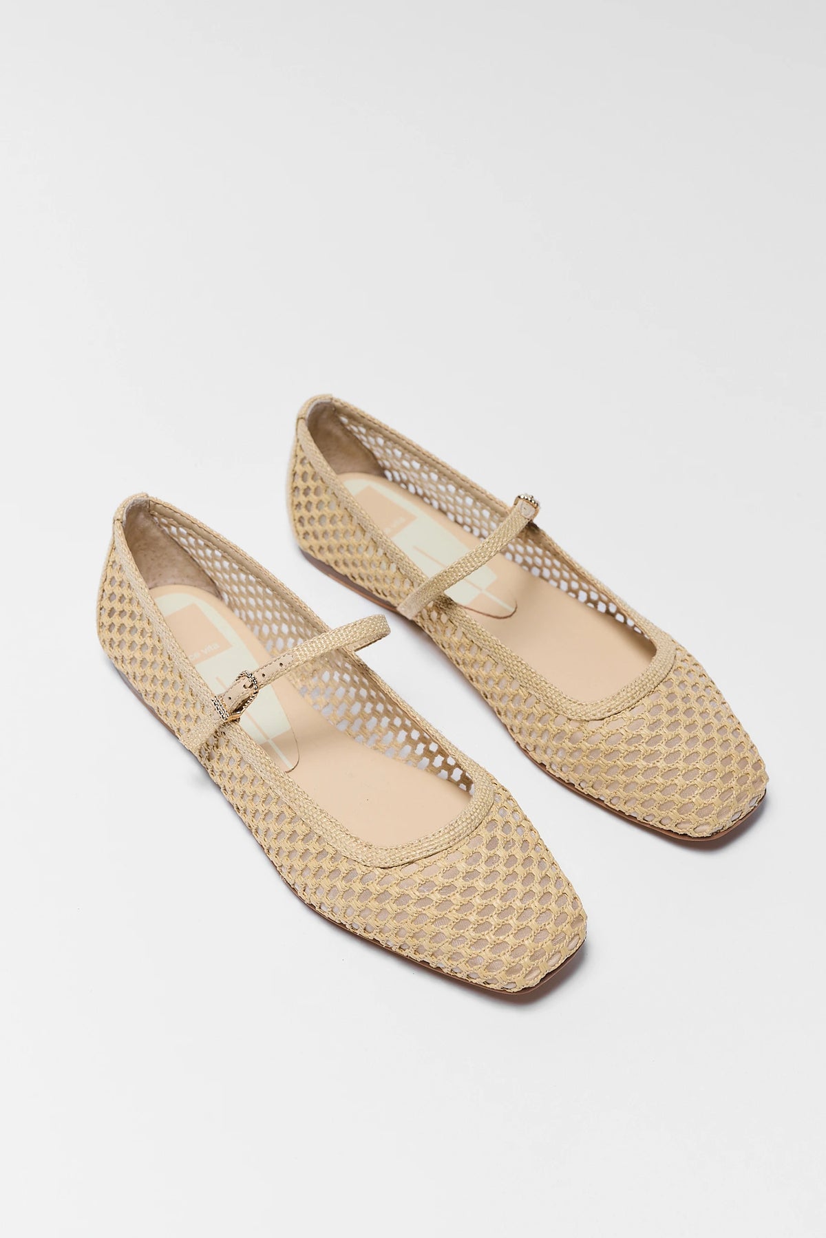 Two Reyes Tan Flats by Dolce Vita - Angled Flat Lay, woven net tan flats for women | Avara