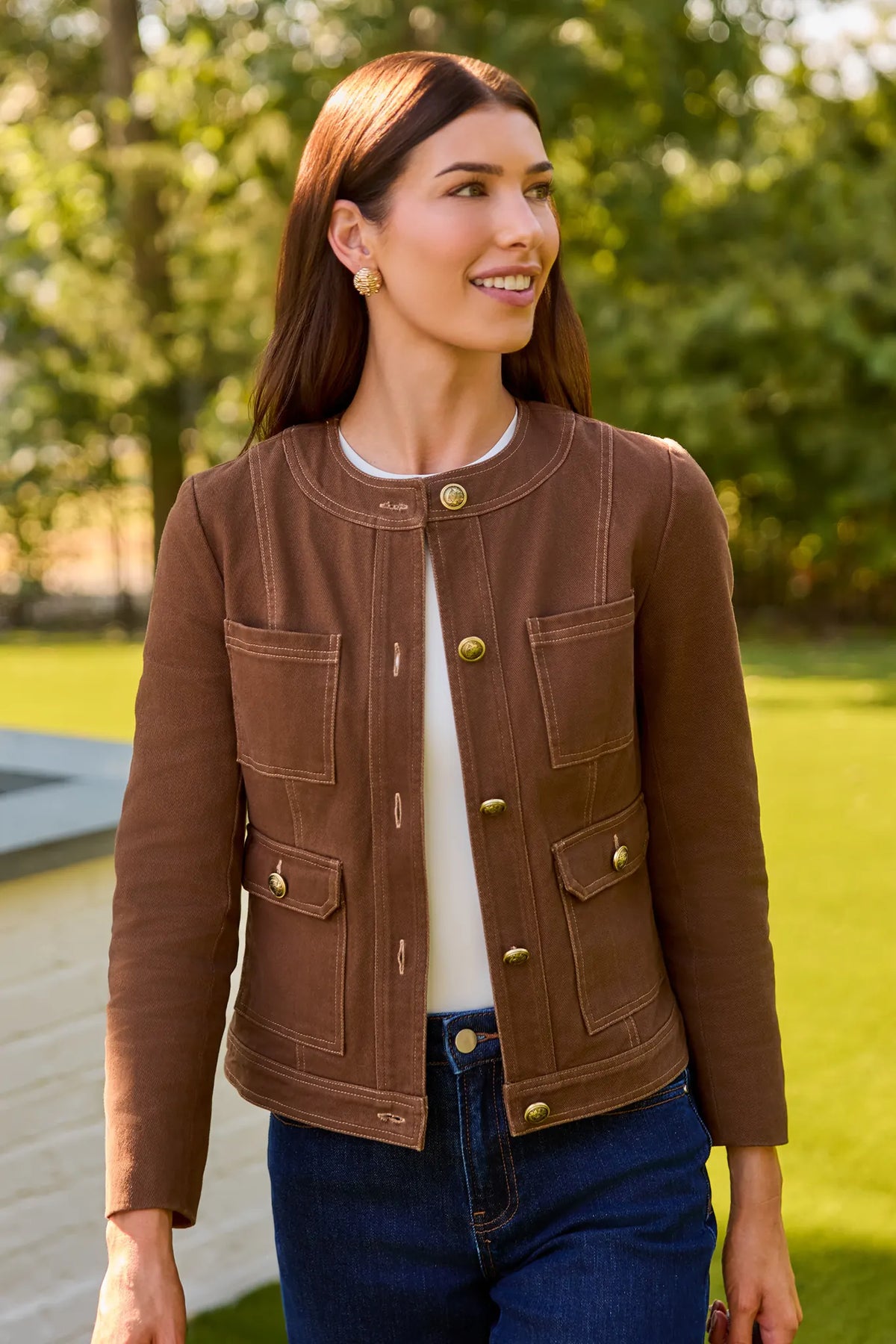 Brown Tailored Jacket with Gold Buttons - On Model Outdoor Front View | Avara