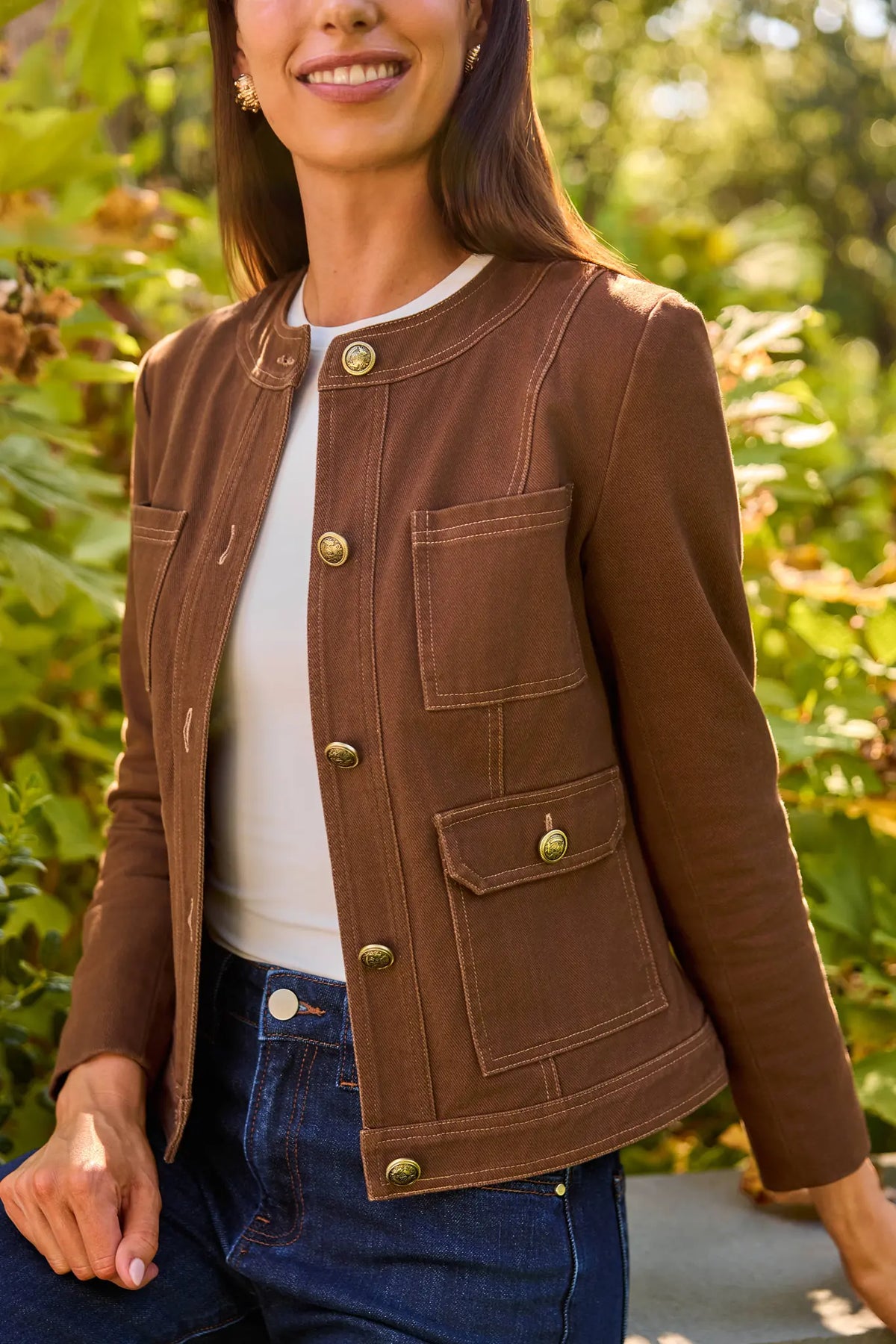 Brown Cotton Tailored Jacket - Gold Button & Patch Pocket Close-Up | Avara