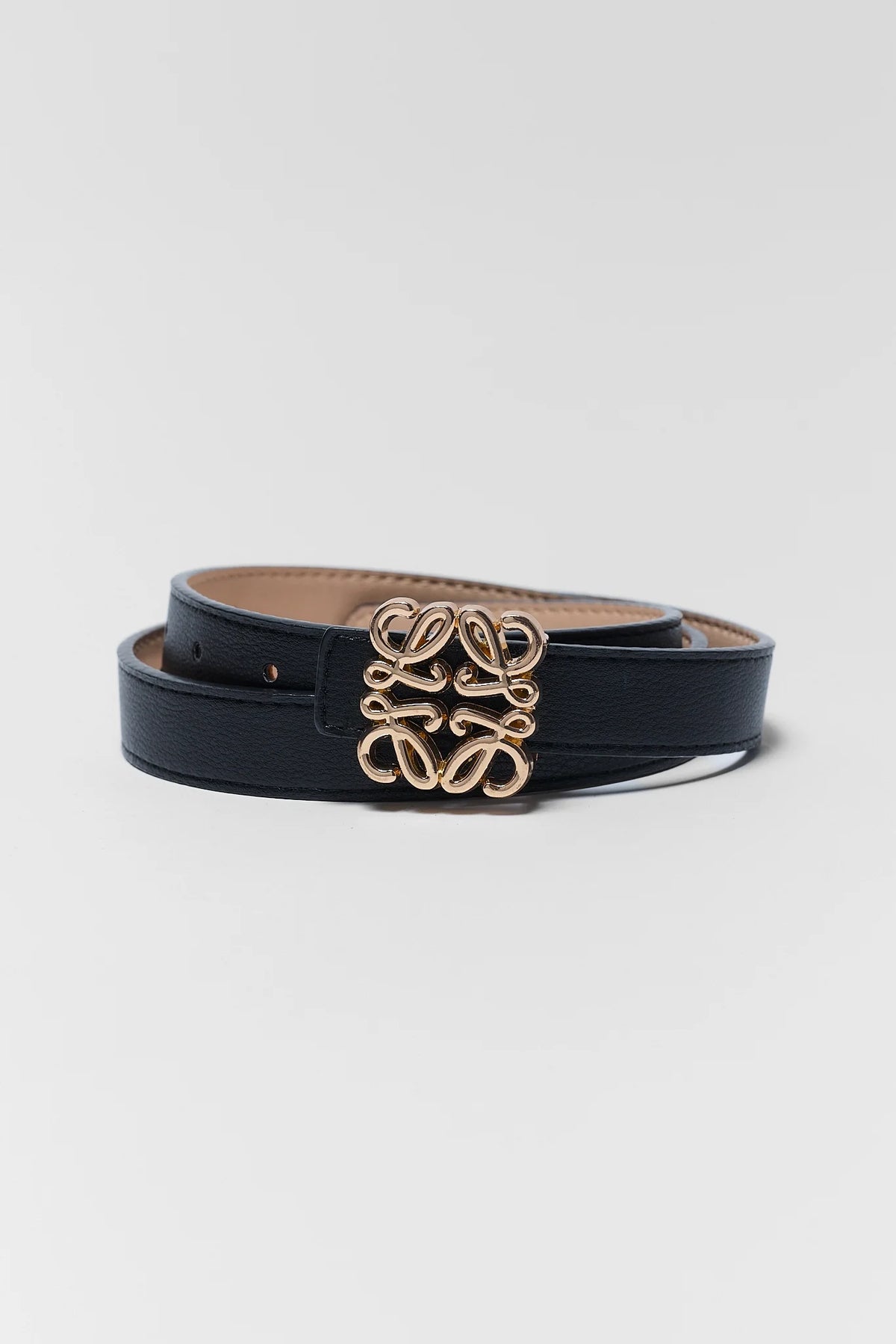 Rowan Black Faux Leather Belt coiled, gold-tone logo buckle - Product View | Avara