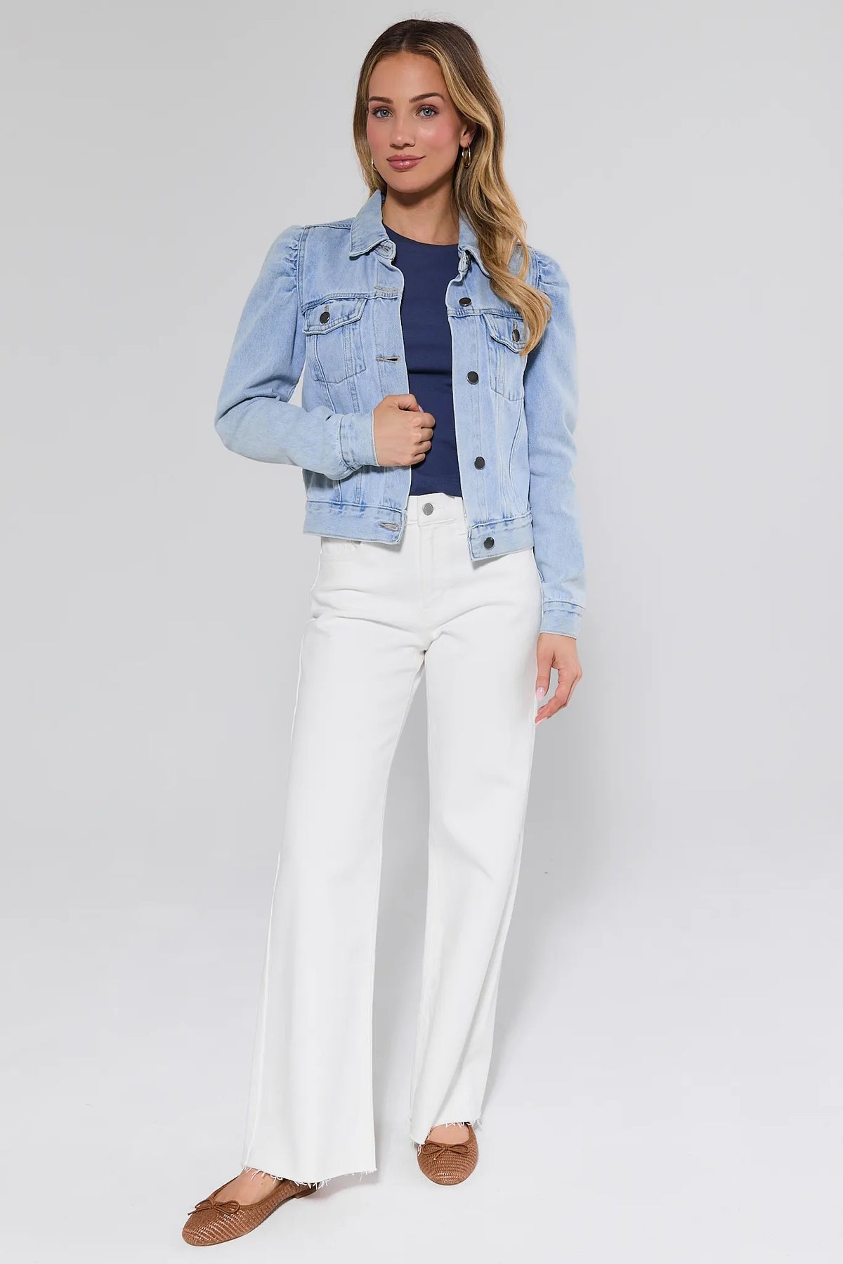 Roxanna Light Wash Jean Jacket styled with navy top and white wide-leg pants - Full Body | Avara