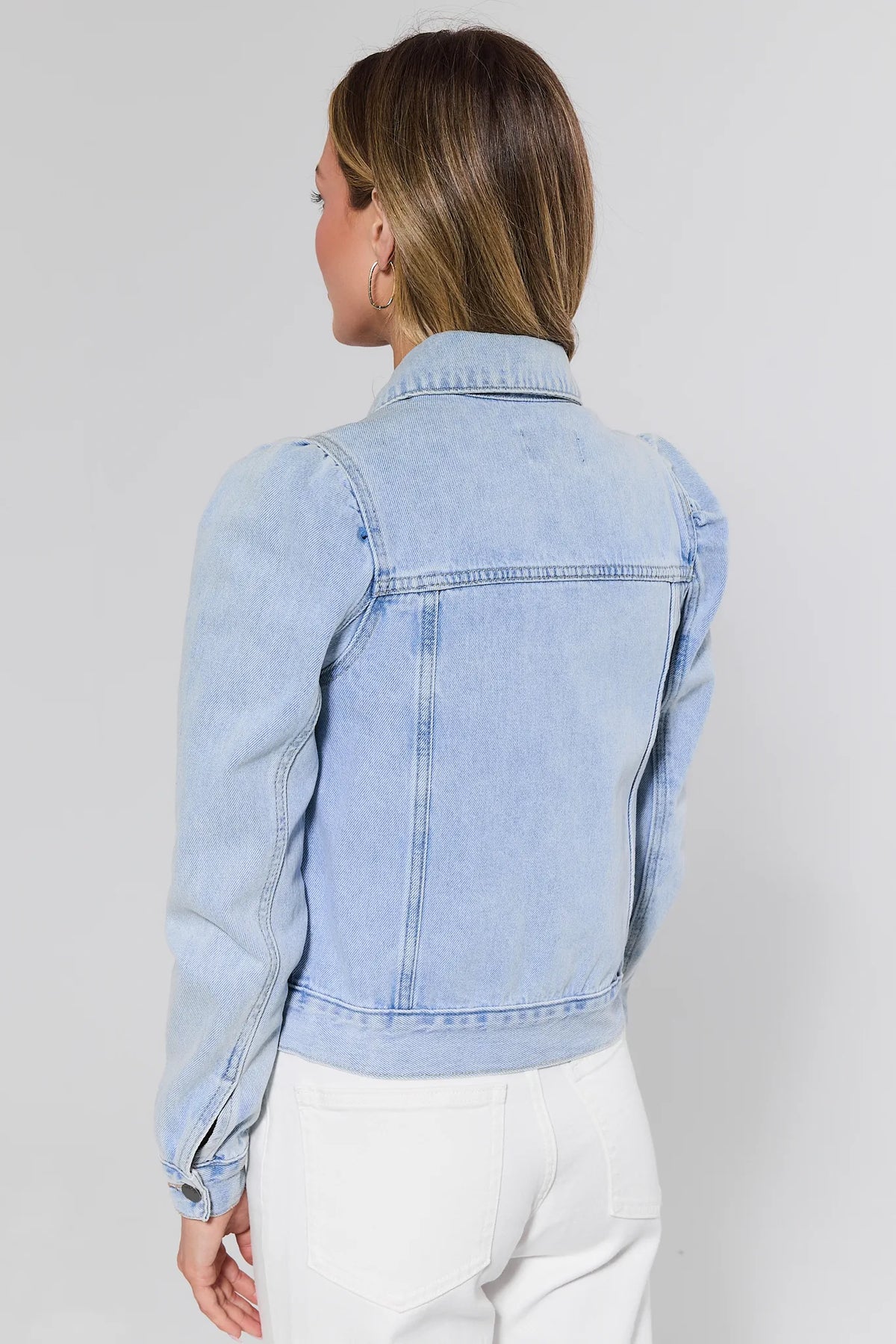 Roxanna Women's Light Wash Denim Jacket - Back View, Puff Shoulder & Center Seam Detail | Avara