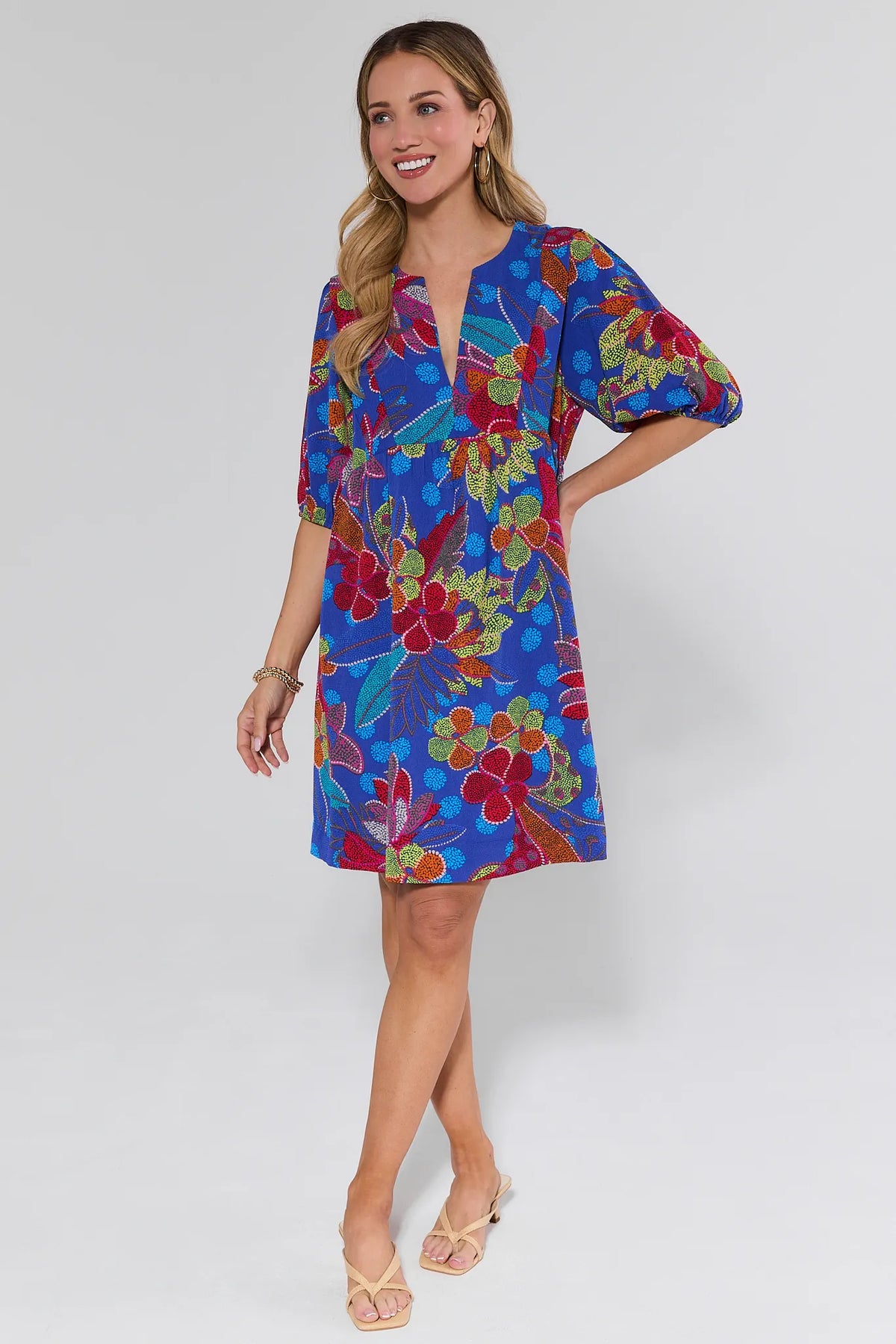 Rita Blue Floral Print Short Dress, full-length front view, shift silhouette, cute printed dress | Avara