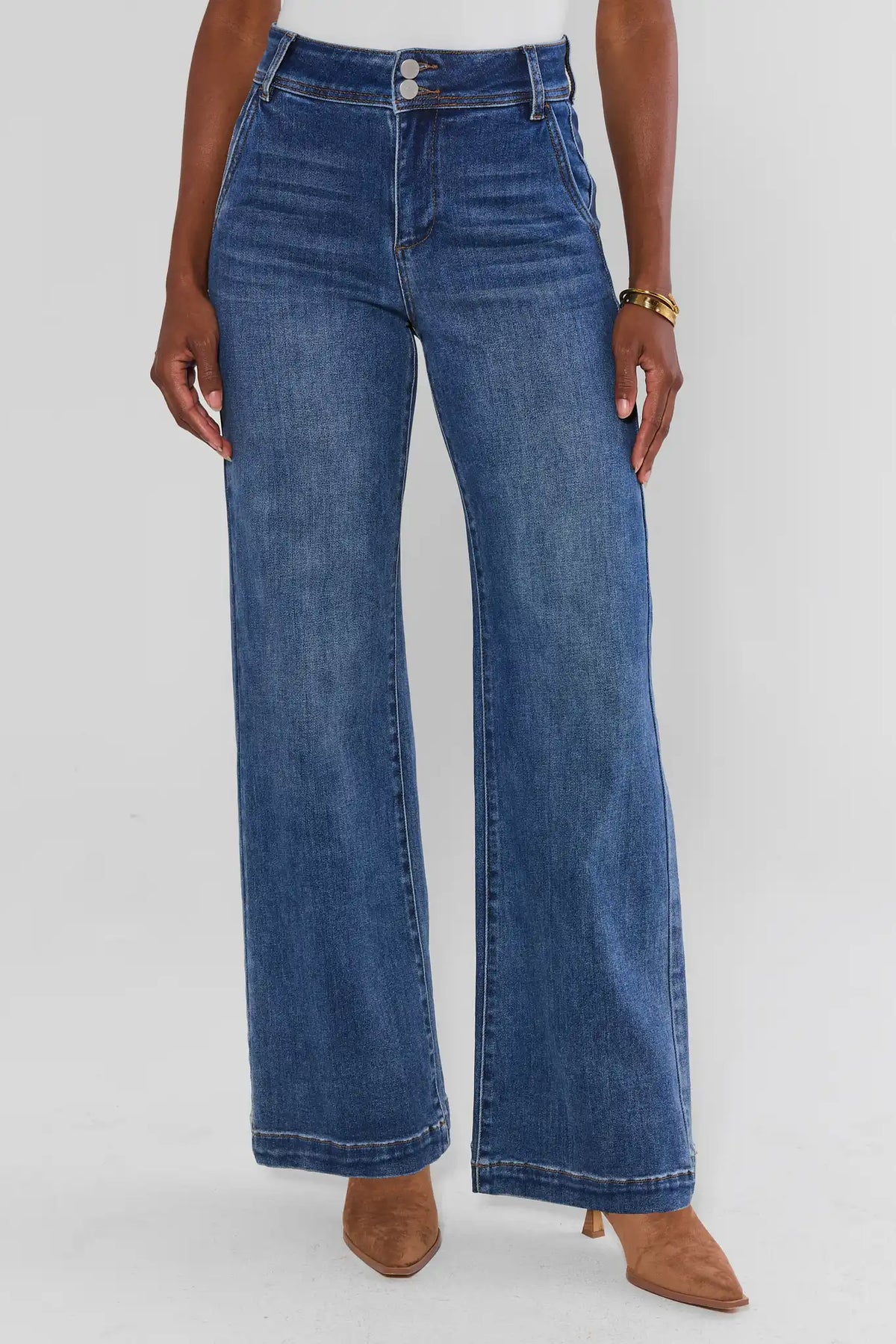 Kameron Medium Wash Wide Leg Jeans - Front View, High-Rise Double Button Waist | Avara