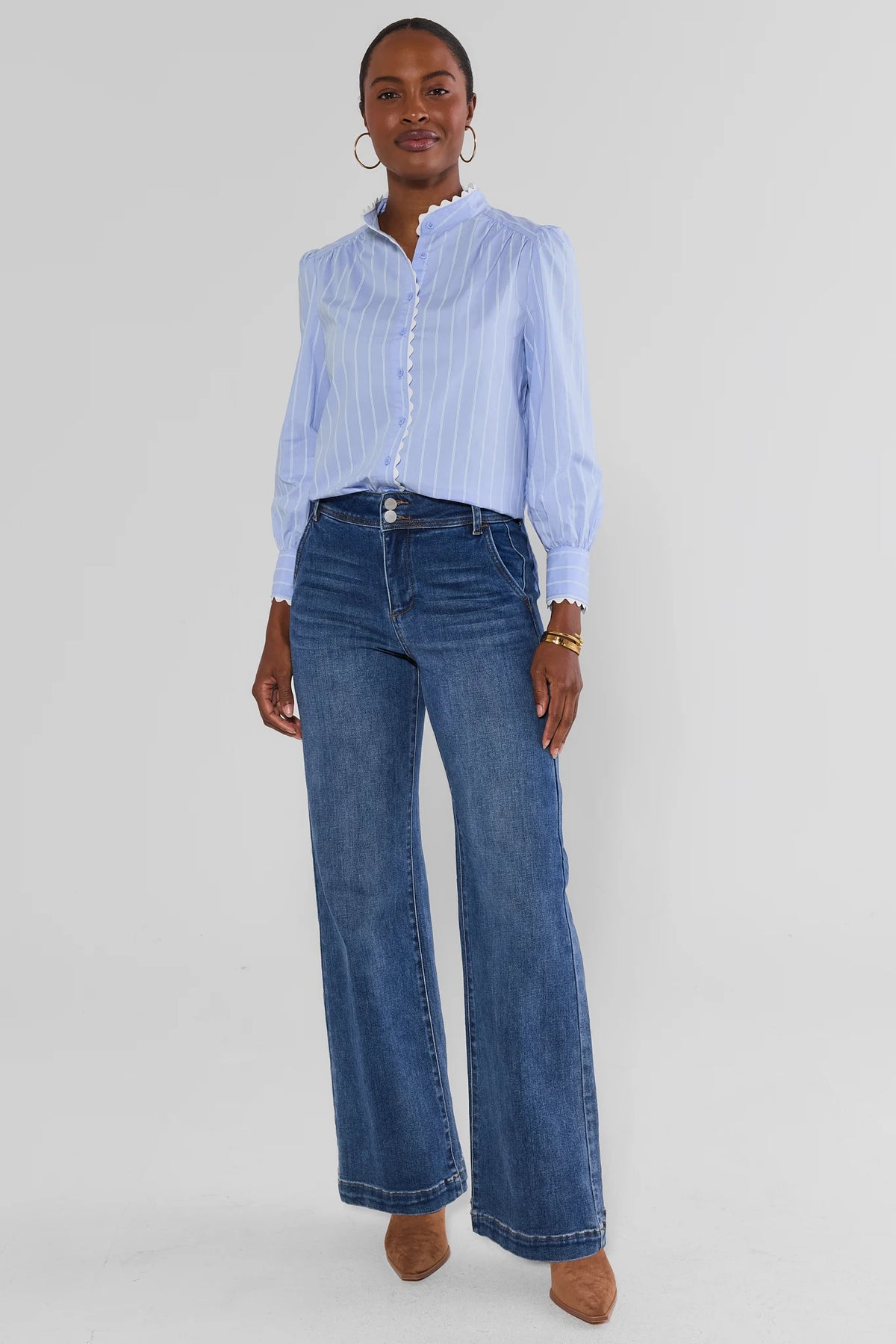 Kameron Medium Wash Wide Leg Jeans - Full Styled Look On Model with Blue Striped Top | Avara