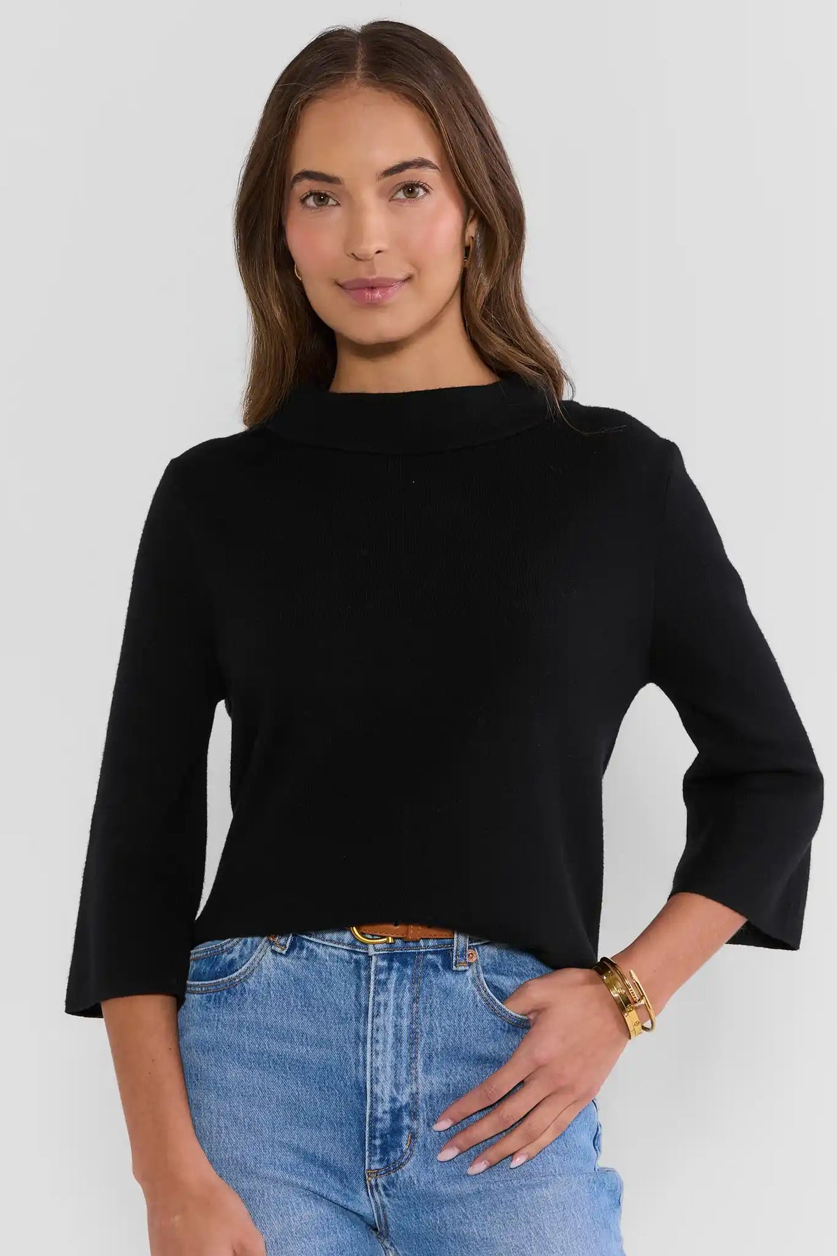 Jackie Black Knit Sweater - Front View, Mock Neck & 3/4 Bell Sleeves on Model | Avara