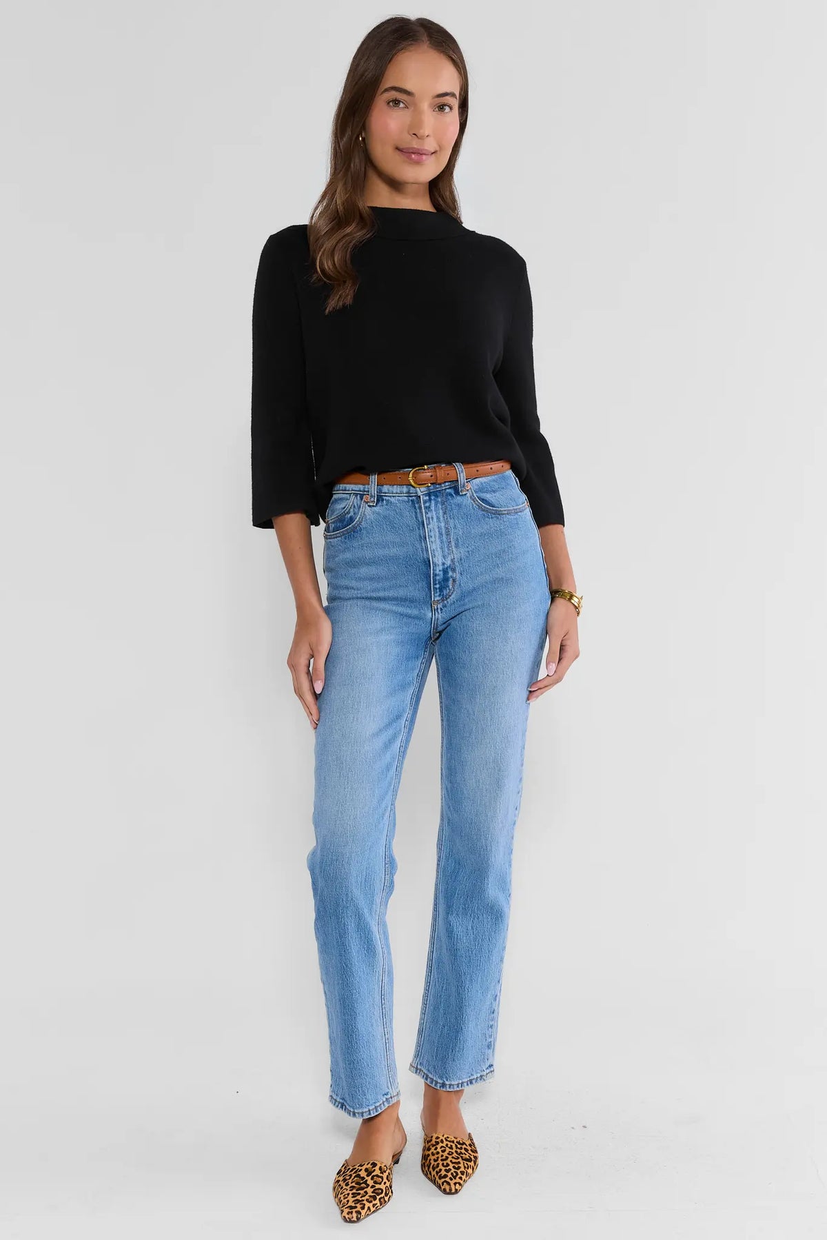 Jackie Black Knit Sweater - Full Length Front View, Styled with Jeans & Leopard Mules | Avara