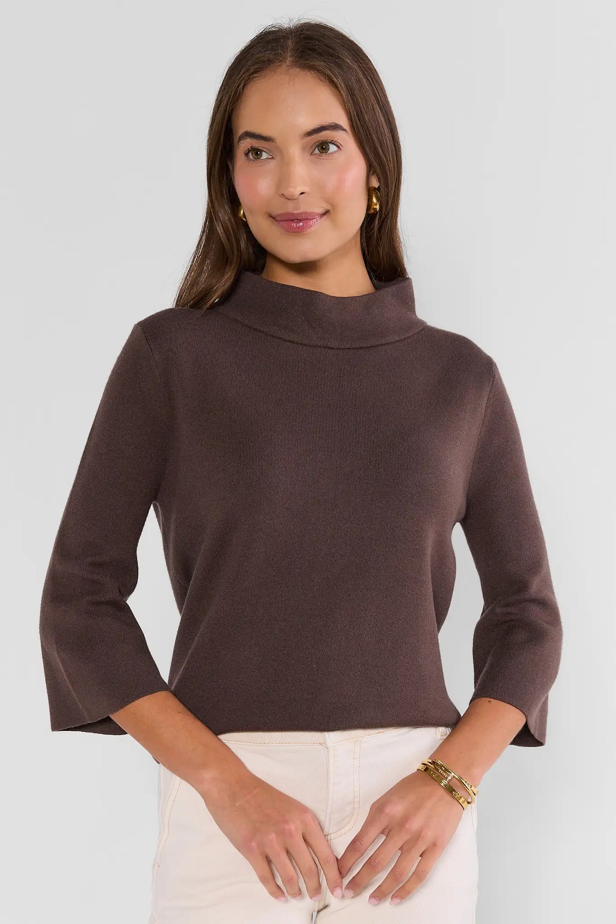 Jackie Brown Knit Mock Neck Sweater with 3/4 Bell Sleeves - Front View on Model | Avara