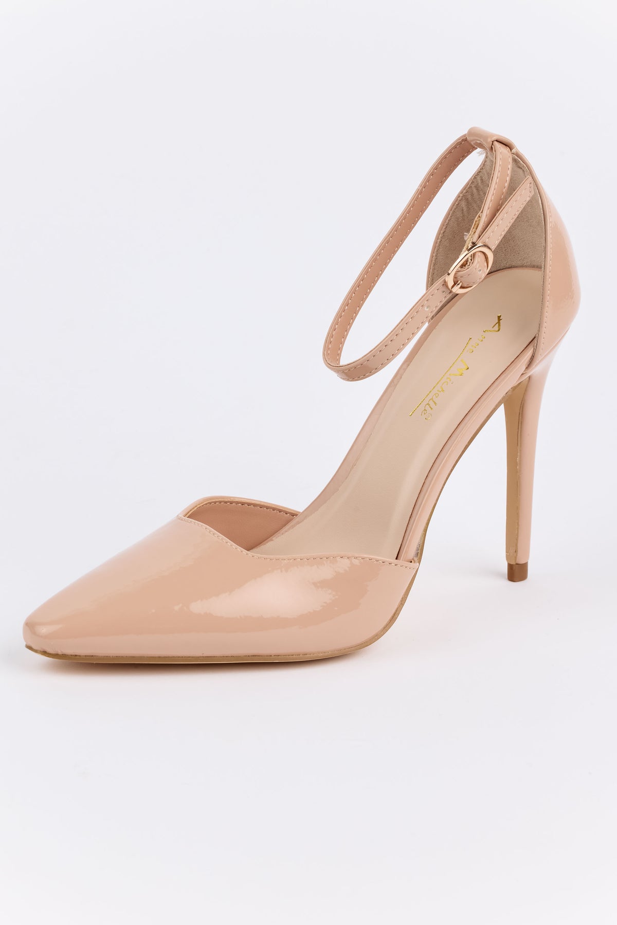 Whitney Heels nude patent pointed-toe stiletto with adjustable ankle strap - Side View | Avara