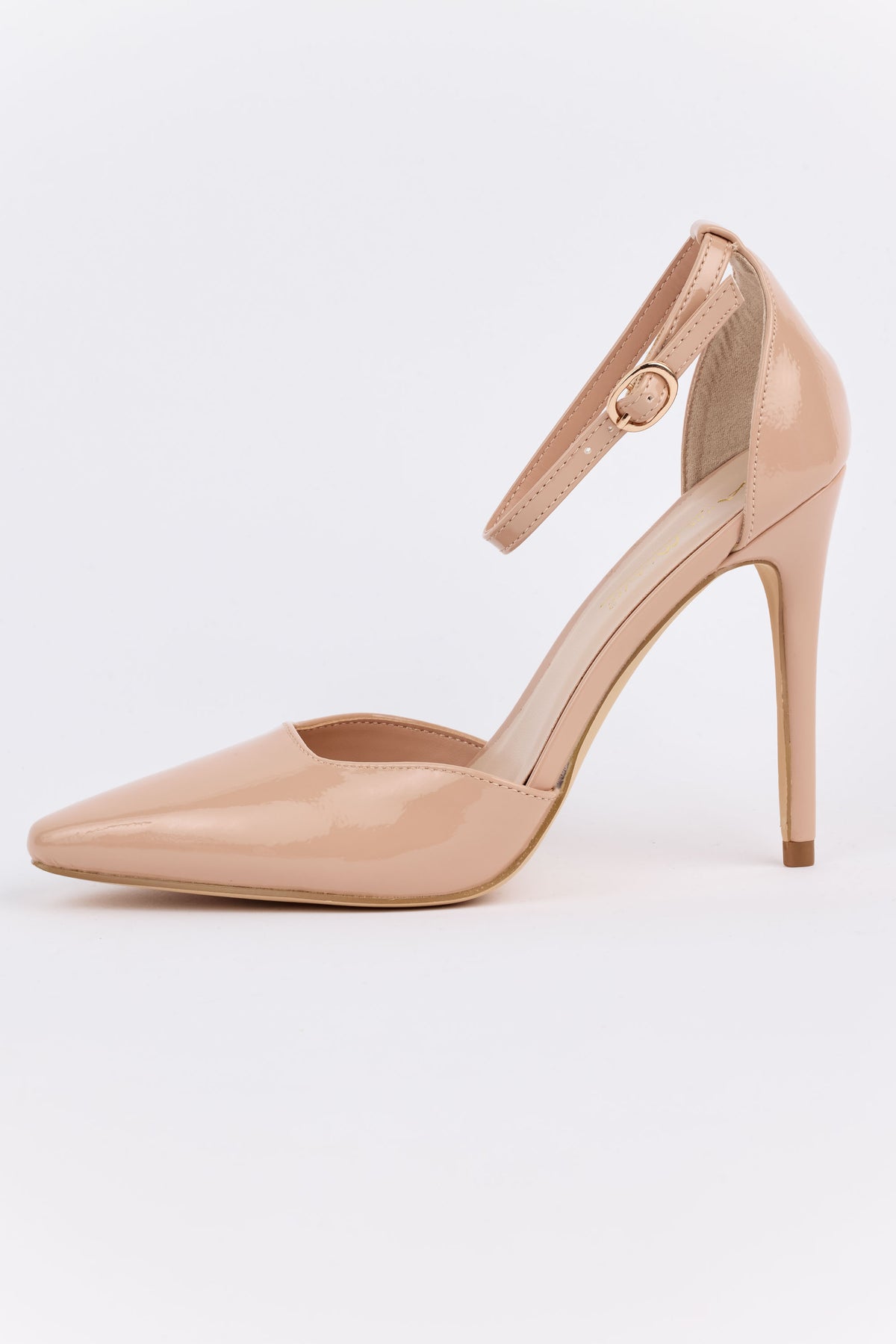 Whitney Heels nude patent stiletto heel and ankle strap detail - Side Profile View | Avara