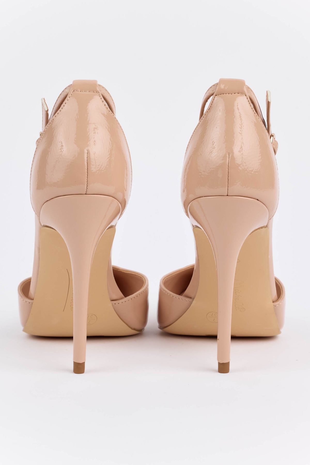 Whitney Heels nude patent slender stiletto heel and ankle strap closure - Back View | Avara