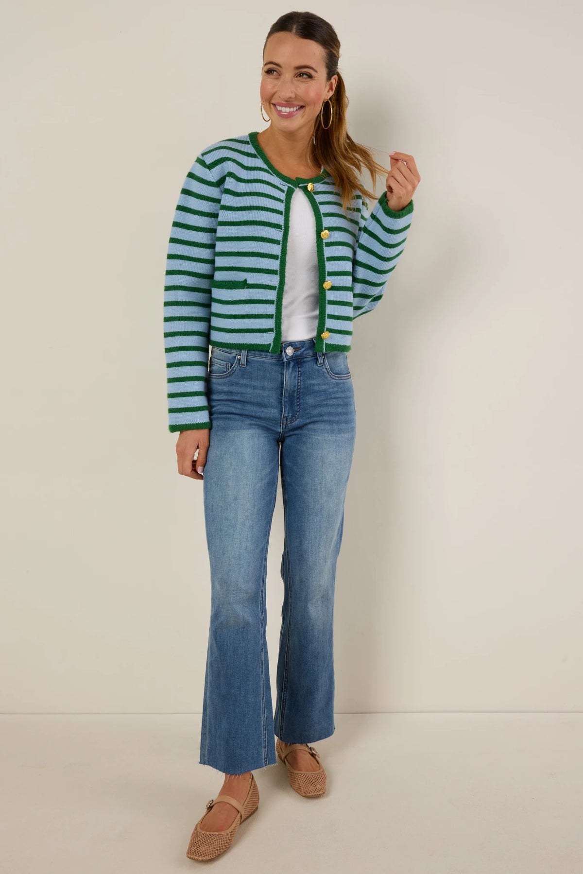 Kelsey Light Wash Kick Flare Jeans by KUT - Styled Look, full outfit with striped cardigan and tan flats | Avara