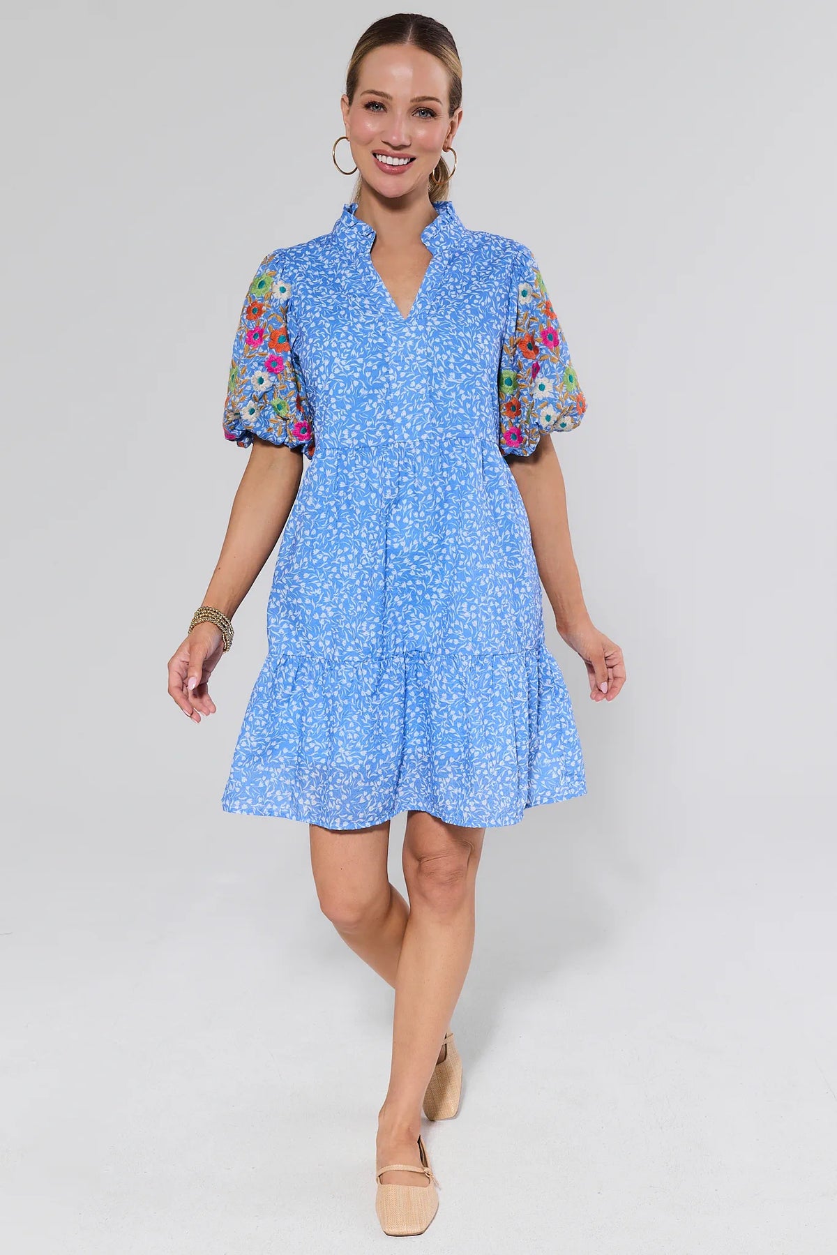 Sue Ann Blue Floral Short Dress by THML - tiered shift dress with embroidered sleeves, full-length front view, styled with nude flats | Avara