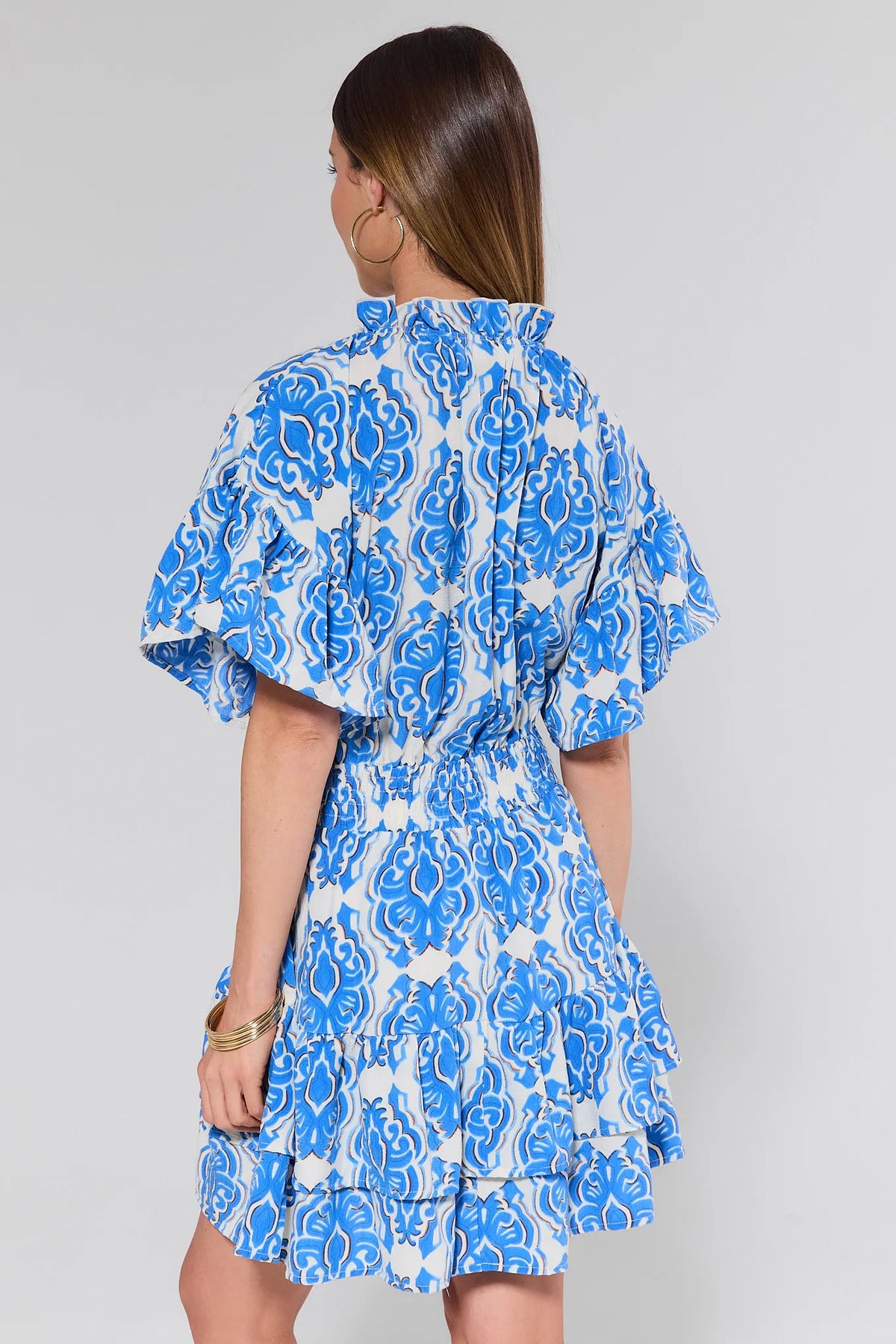 Ellianna Blue Patterned Short Dress back view showing smocked waist and double ruffle hem | Avara