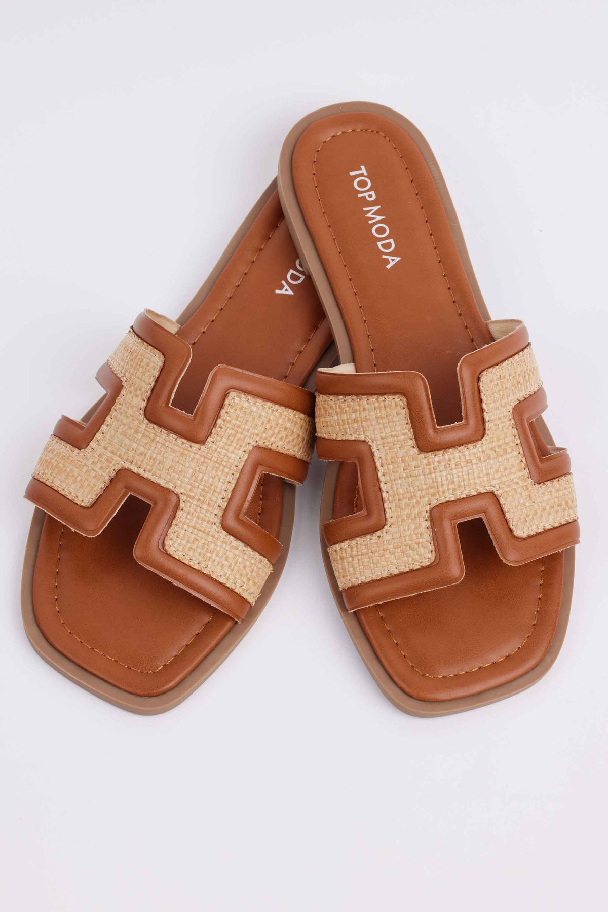 Tan Hensley Raffia Slide Sandals showing woven strap texture - Top-Down Flat Lay | Avara