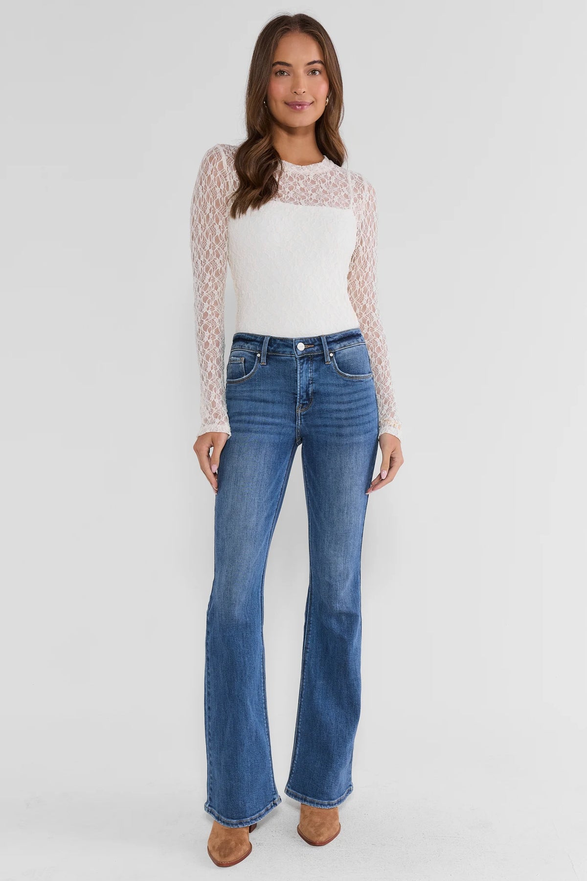 Maeve Medium Wash Flare Jeans - Full Length Styled Look with Lace Top | Avara