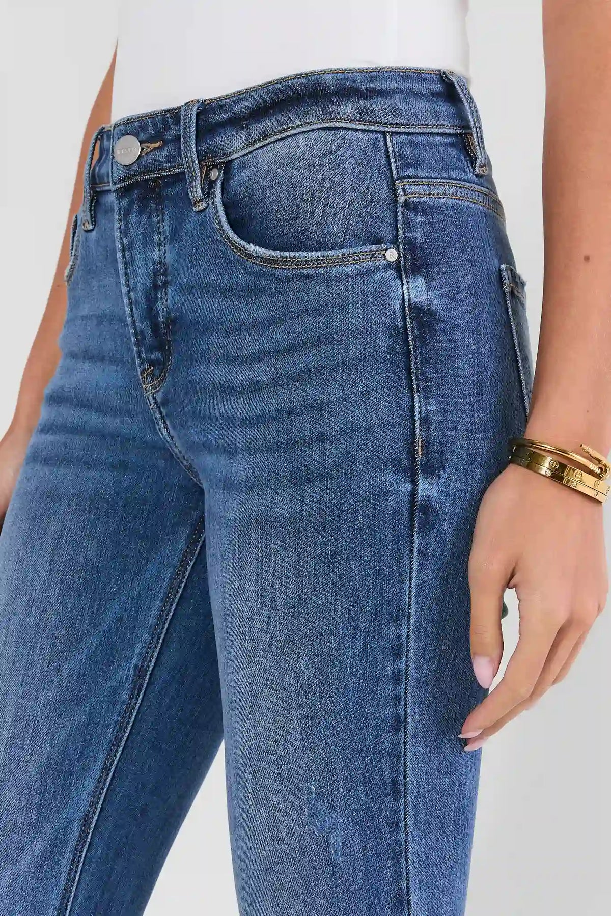 Maeve Medium Wash Flare Jeans - Hip & Pocket Detail Close-Up | Avara