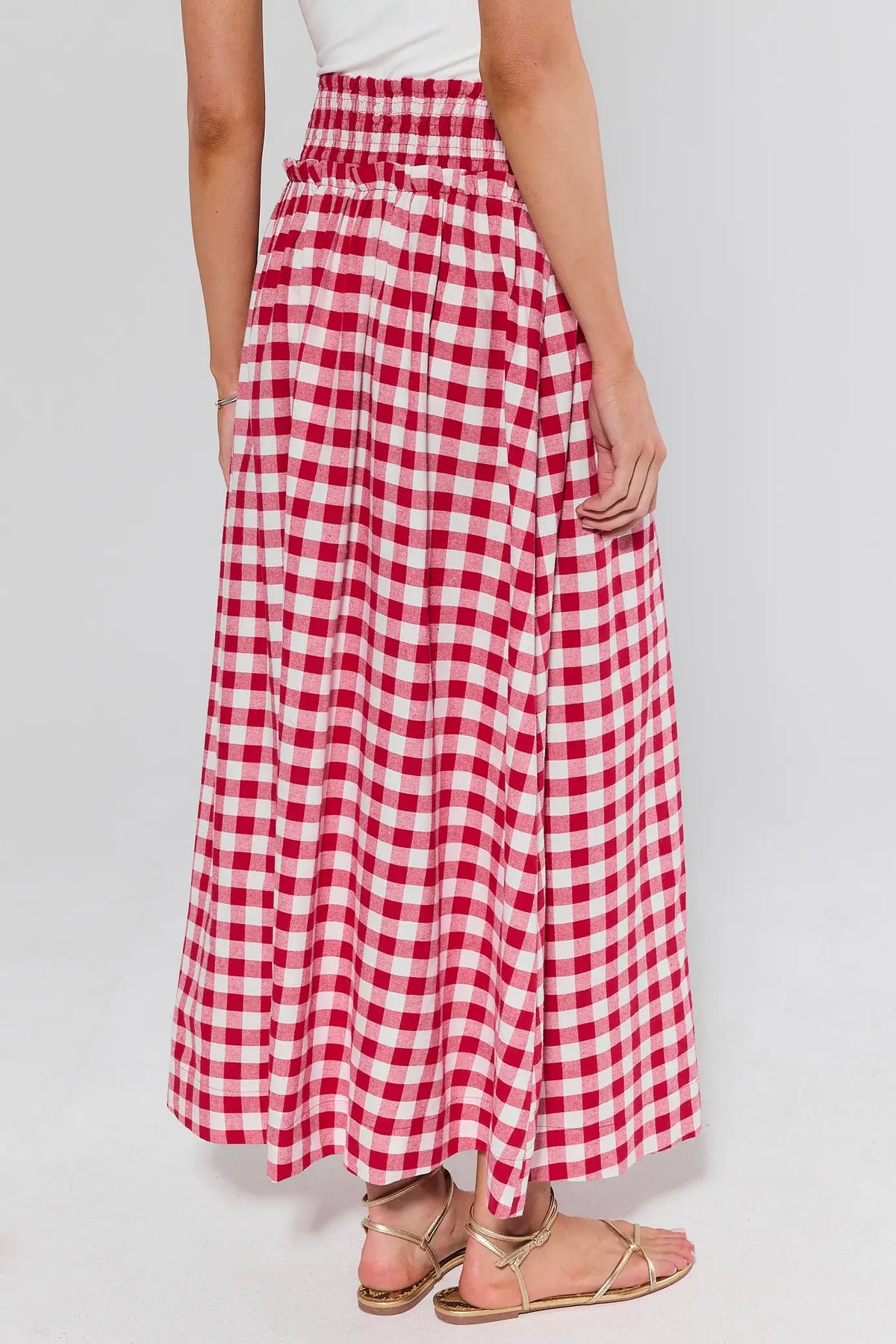 Allie Red & White Gingham Maxi Skirt flowy A-line with smocked elastic waistband - Back View | Avara
