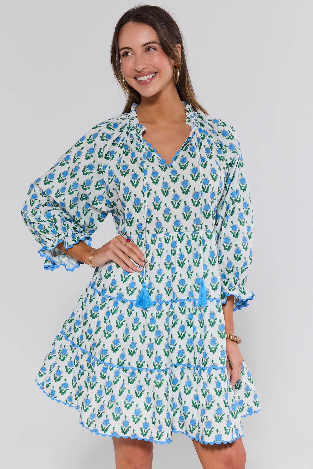 Camilla Blue Floral Print Short Dress - Front View, tiered A-line with tassel tie | Avara