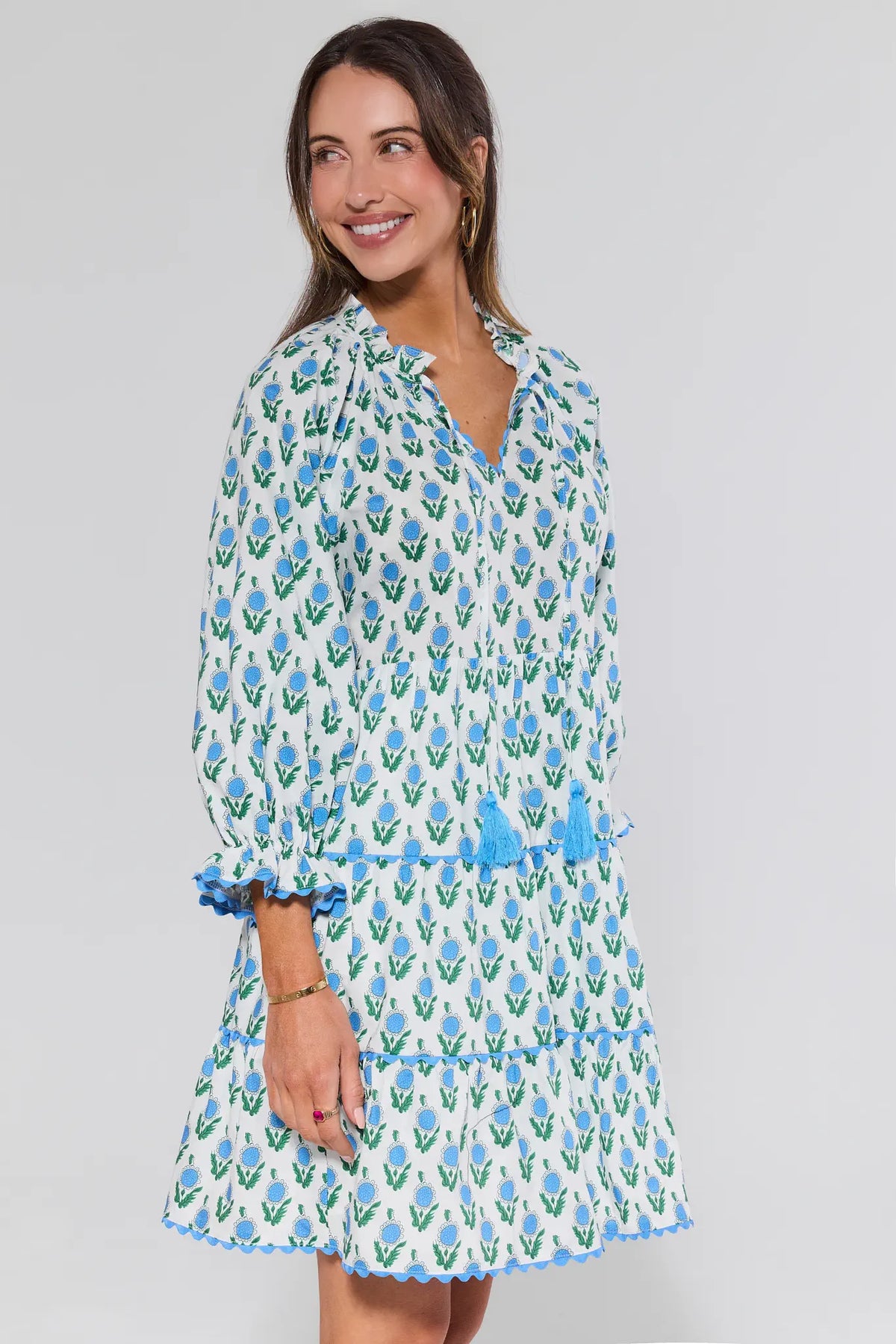 Camilla Blue Floral Print Short Dress - Side Angle, long sleeve floral print women's dress | Avara