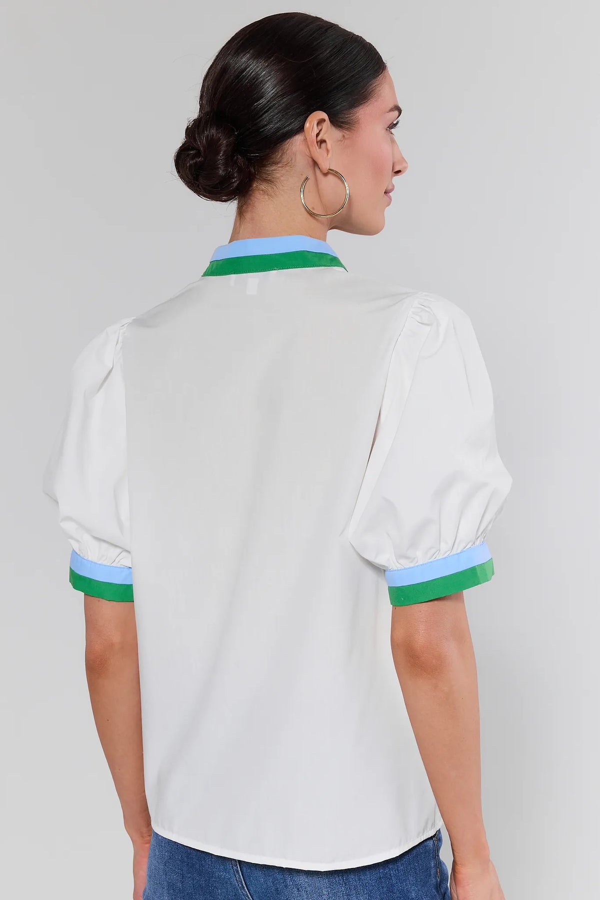 Adelaide White Contrast Trim Top with green and blue cuffs - Back View | Avara