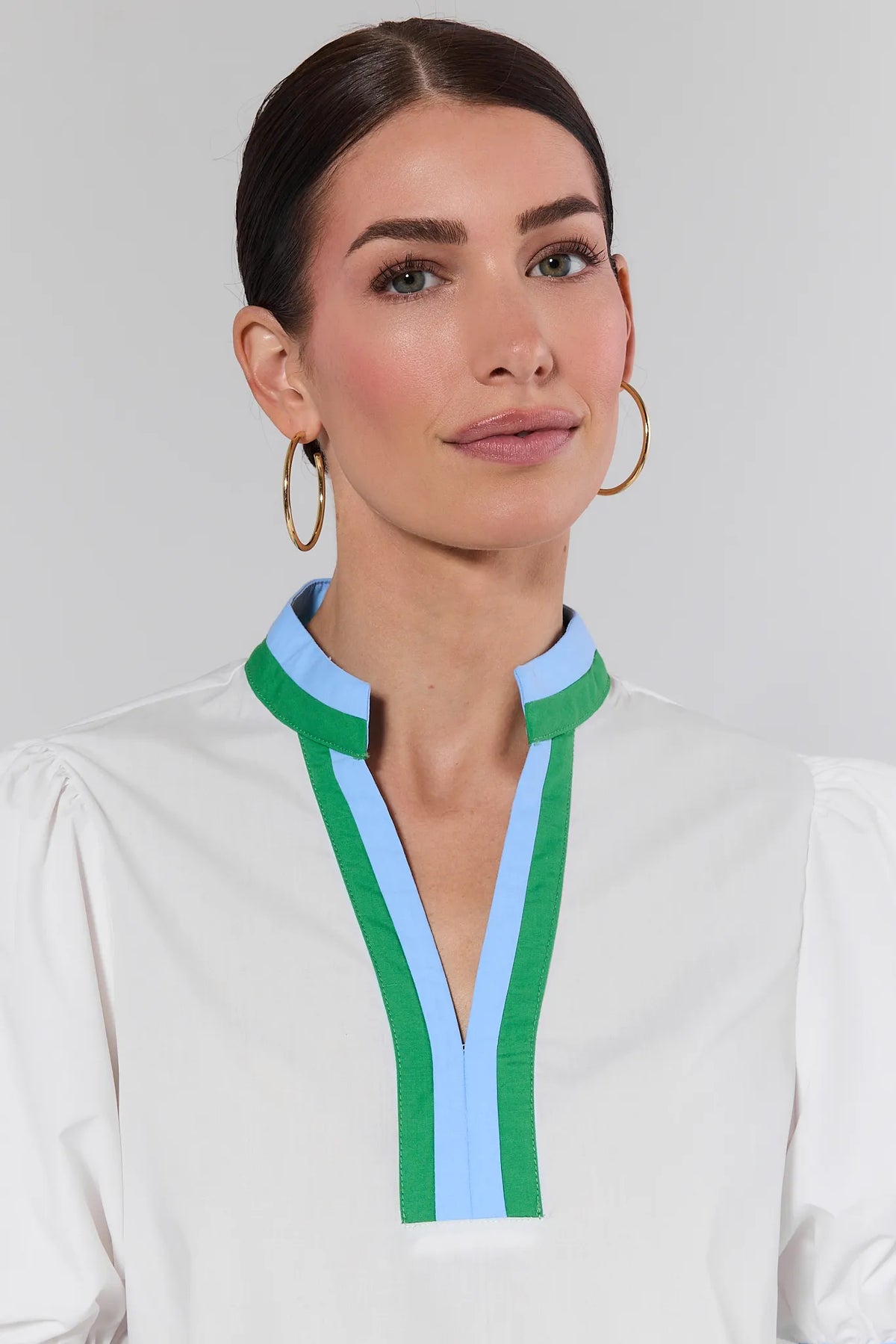 Adelaide White Puff Sleeve Top green and blue V-neckline trim detail close-up | Avara