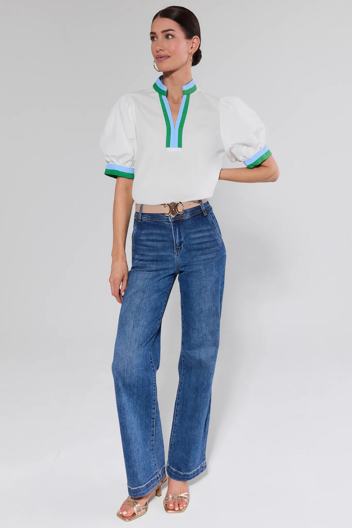 Adelaide White Contrast Trim Top styled with wide-leg jeans - Full Length View | Avara