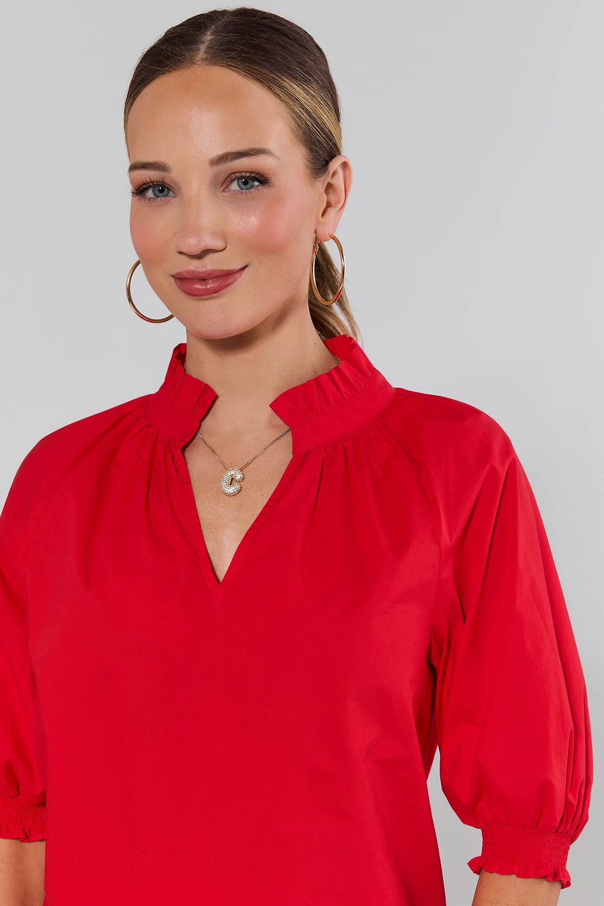 Red Merrick Split Neck Top - Ruffle Collar and Smocked Cuff Close-Up Detail | Avara
