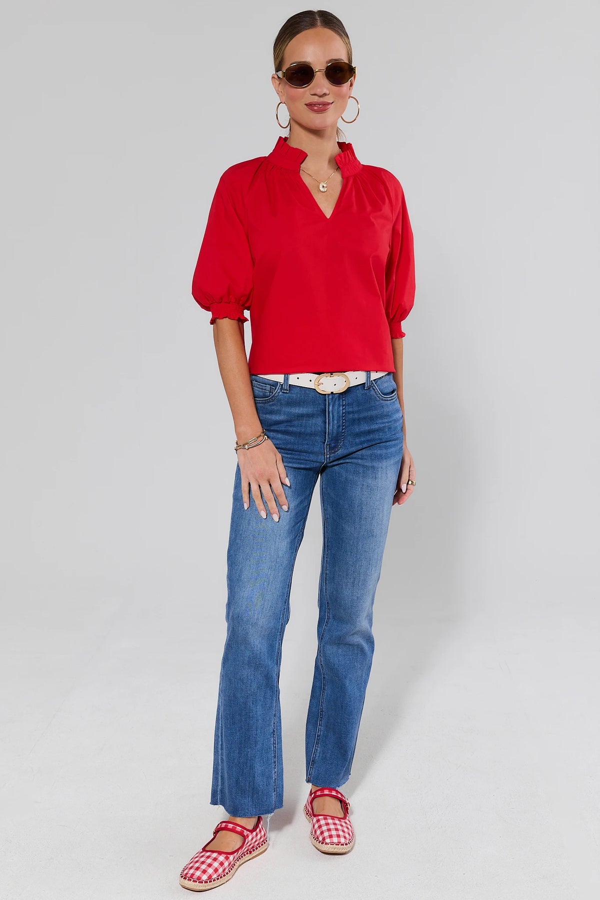 Red Merrick Split Neck Top styled with jeans and red gingham flats - Full Length On Model | Avara