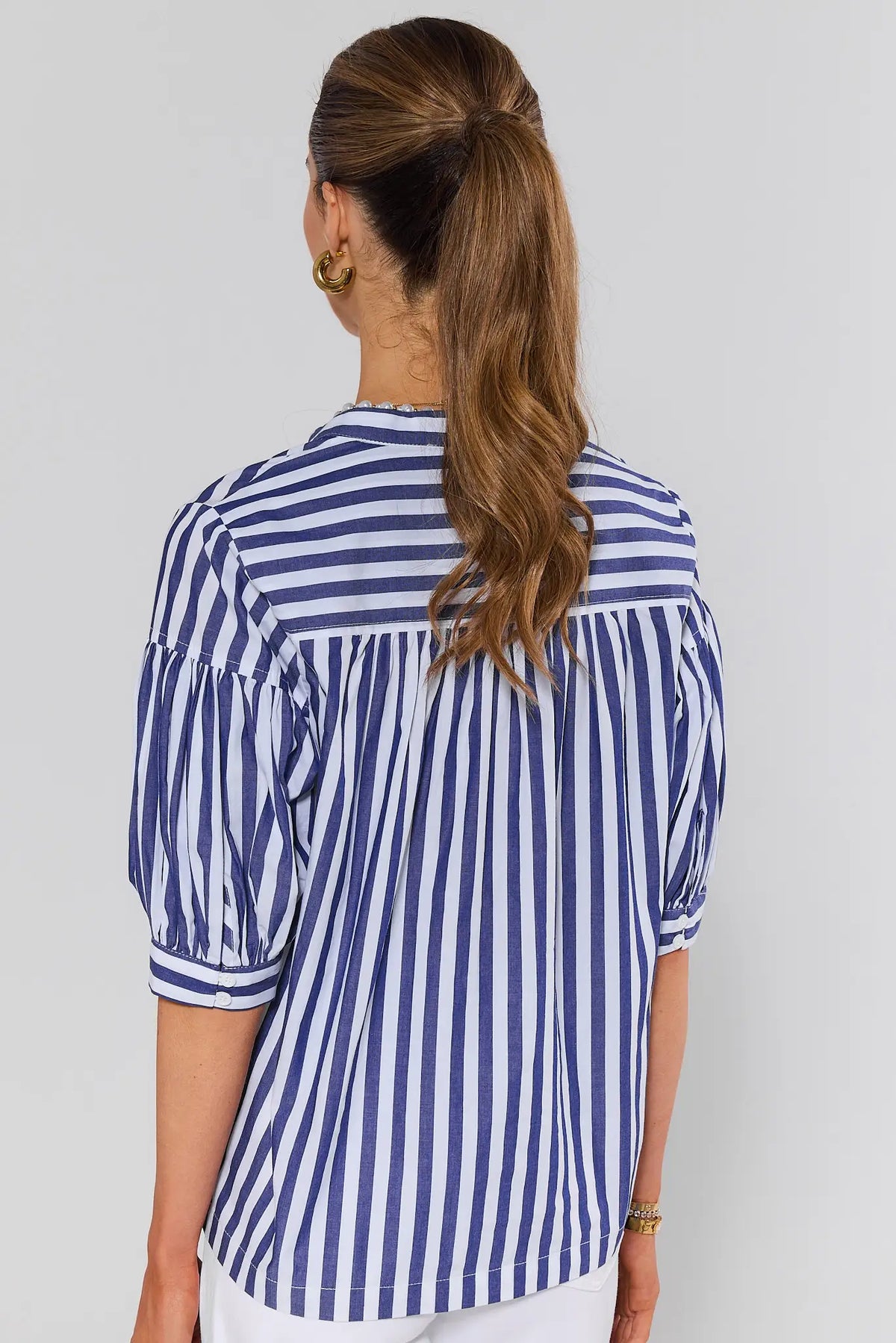 Melody Navy Striped Short Sleeve Top - Back View, navy striped top with puff sleeves and gathered back | Avara