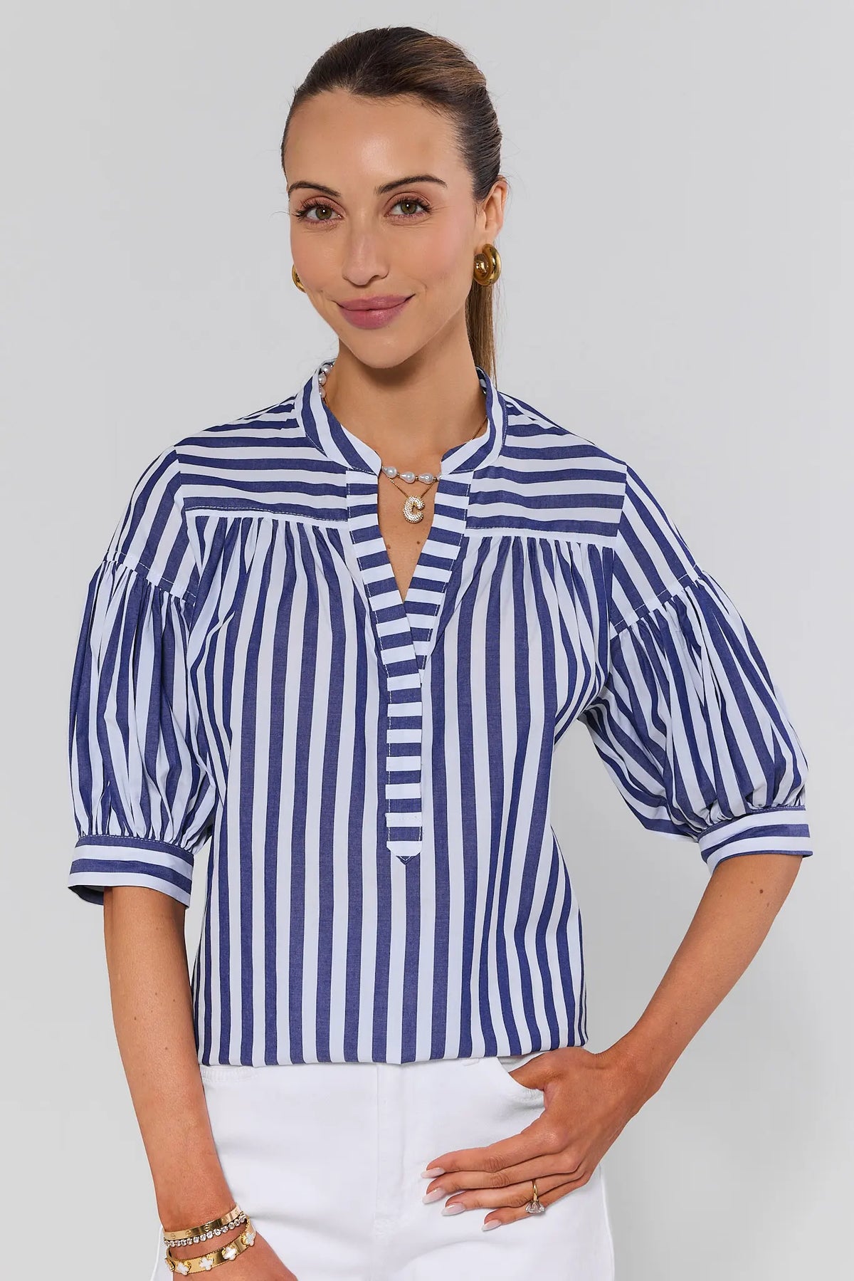 Melody Navy Striped Short Sleeve Top - Front View, women's navy striped top with puff sleeves | Avara