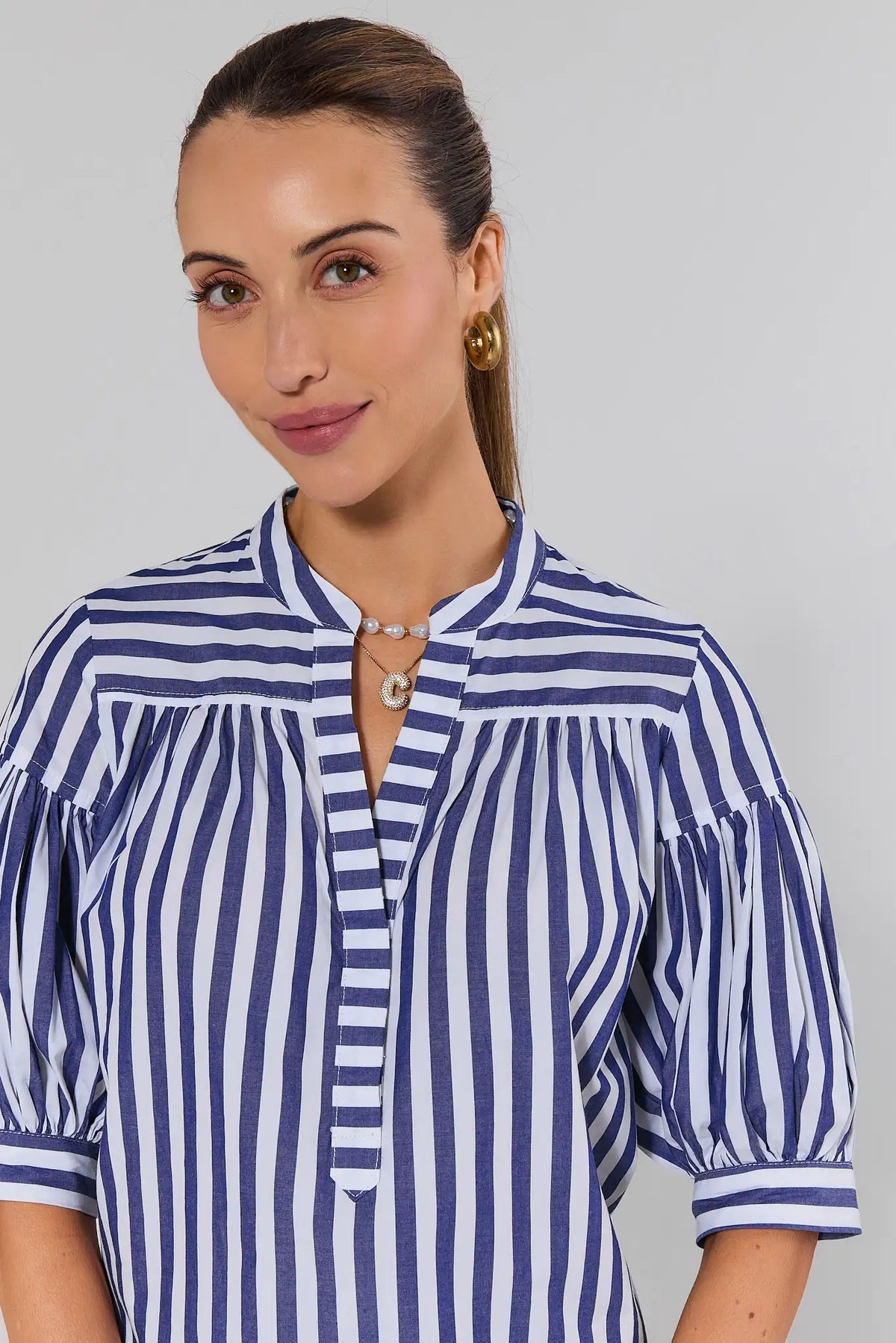 Melody Navy Striped Short Sleeve Top - Close-Up Detail, split neckline and gathered yoke | Avara