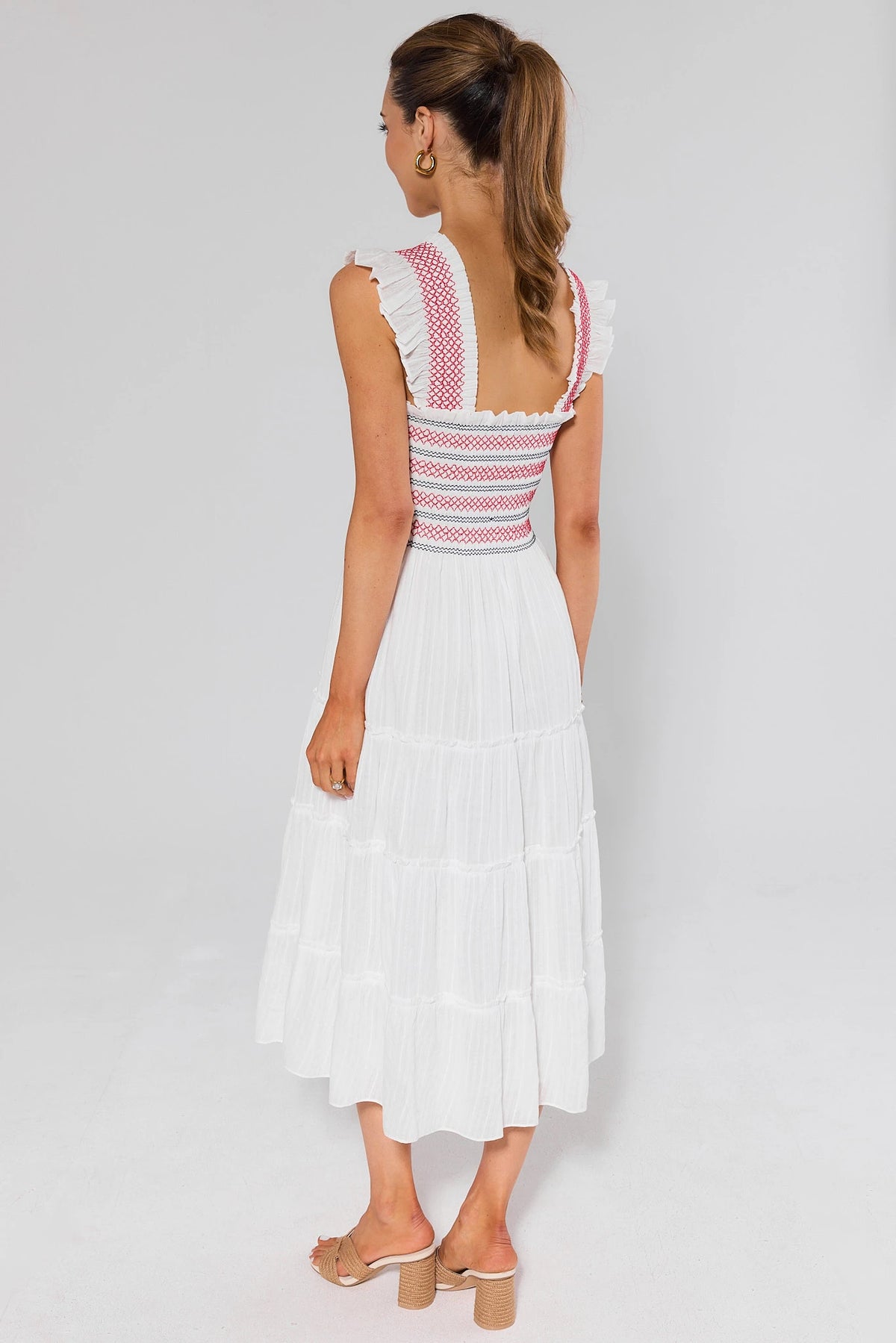 Tristan White Embroidered Midi Dress showing smocked back bodice with red contrast stitching - Back View | Avara