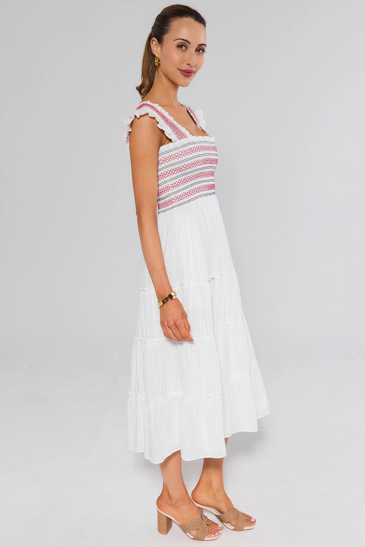 Tristan White Embroidered Tiered Midi Dress showing tiered skirt and ruffle straps - Side View | Avara