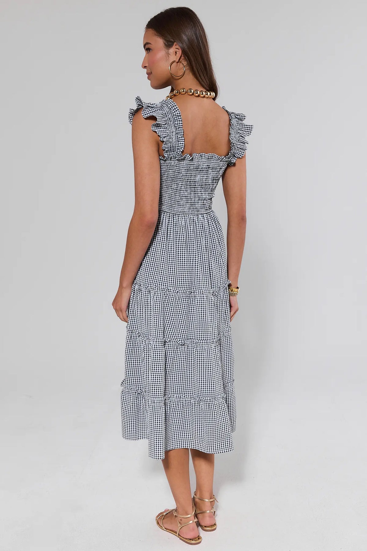 Alexandra Black Gingham Midi Dress tiered skirt and open back with ruffle straps - Back View | Avara
