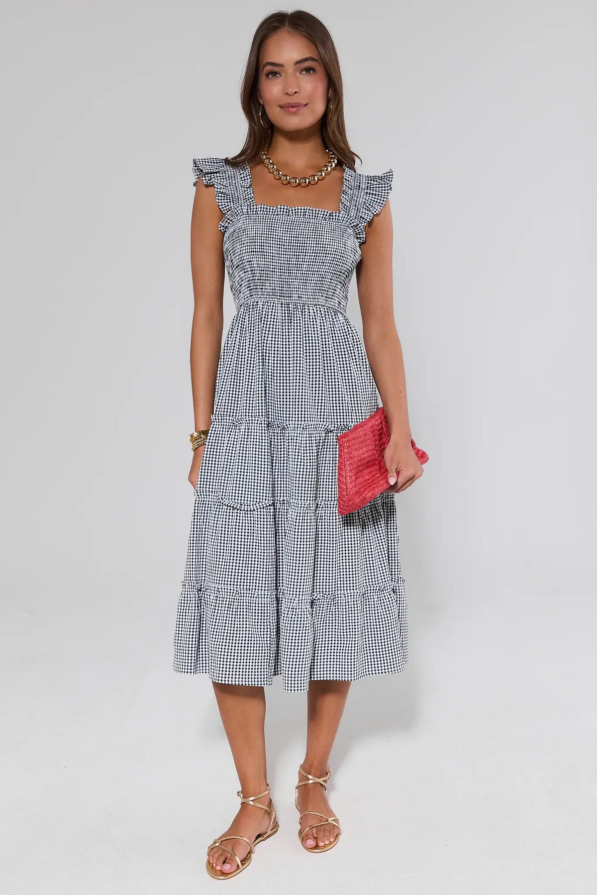 Alexandra Black Gingham Midi Dress with ruffle straps and smocked bodice - Front View | Avara
