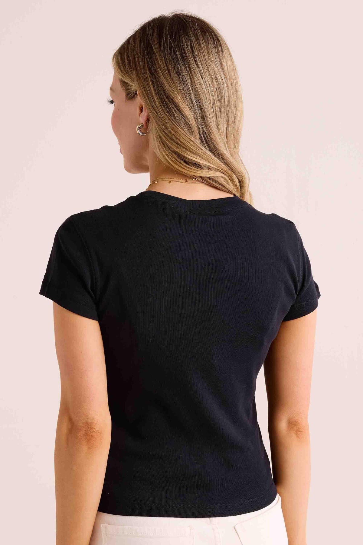 Aria Black Fitted Tee - Back View, Ribbed Fitted Silhouette & Short Sleeves | Avara