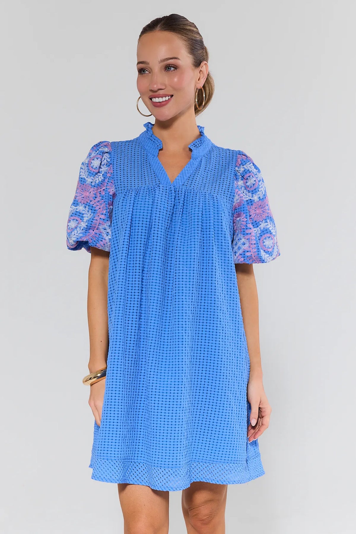 Camila Blue Embroidered Sleeve Dress with windowpane texture - Front View | Avara