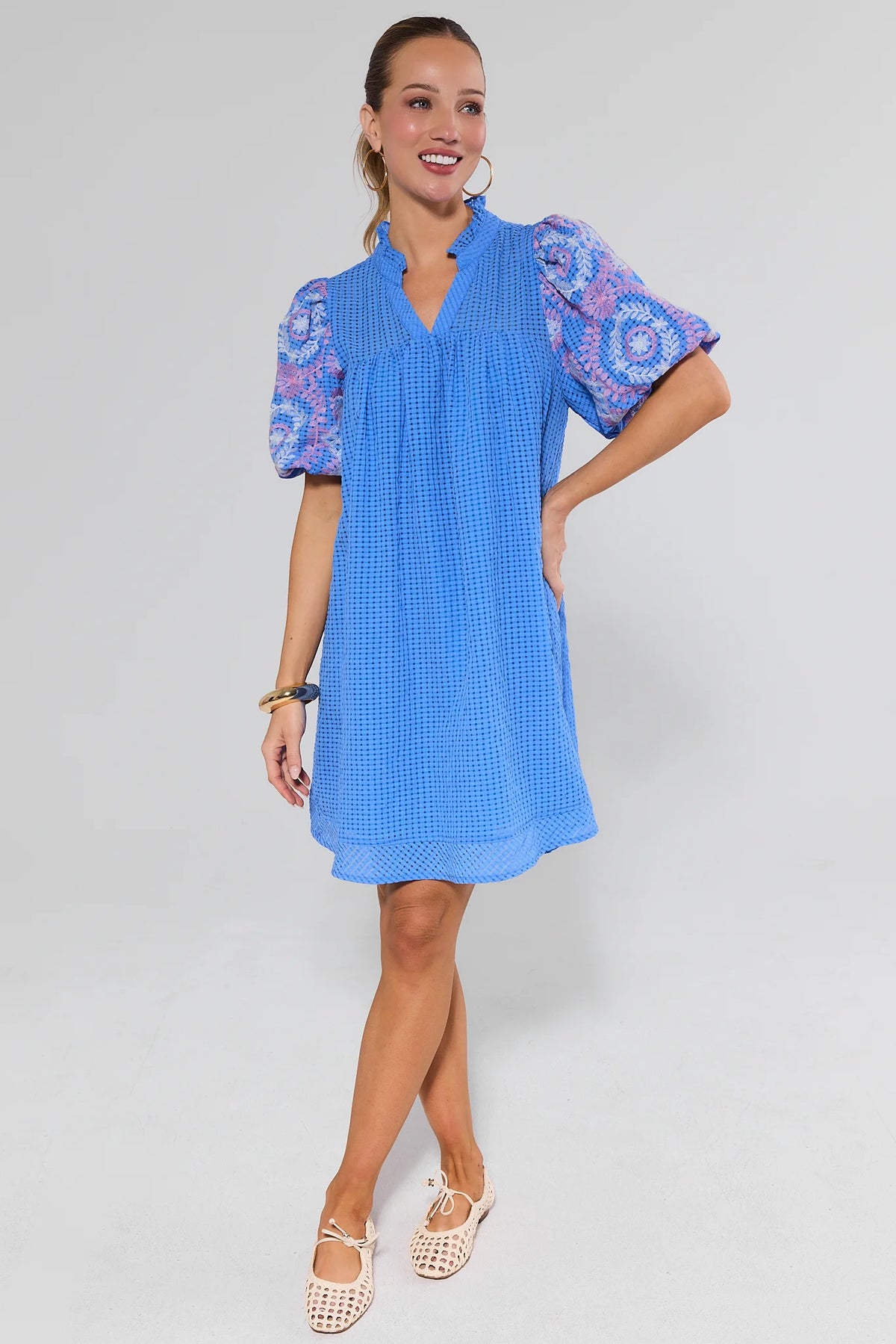 Camila Blue Embroidered Sleeve Dress full-length on model with flats - Side View | Avara